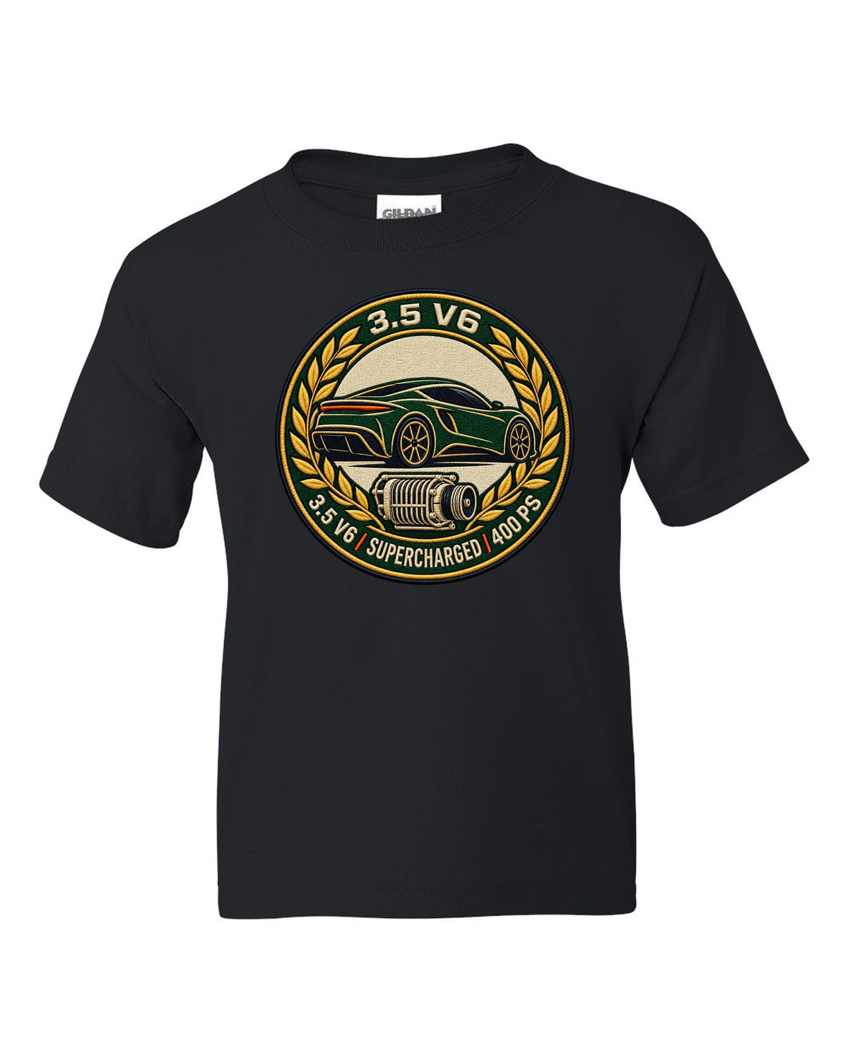 Lotus Emira varsity crest with 3.5 V6 SUPERCHARGED 400 PS lettering black kids tee front view with the design