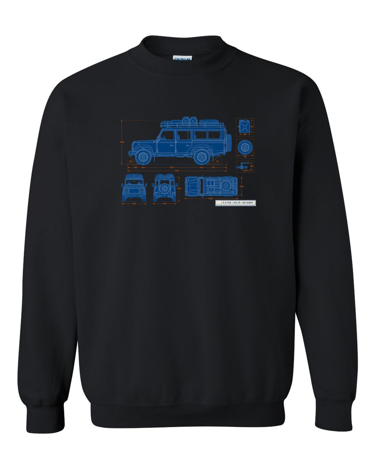 Blueprint line drawing print of a Land Rover Defender 110 Td5 with roof rack and 2.5 TD5 text black crewneck front view with the design