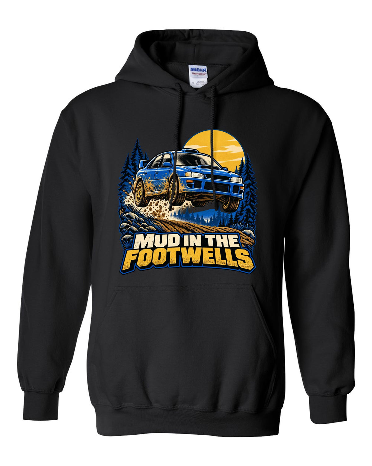 Comic halftone pop-art of a Subaru WRX STI GRB chback doing a burnout black pull over hoodie front view with the design
