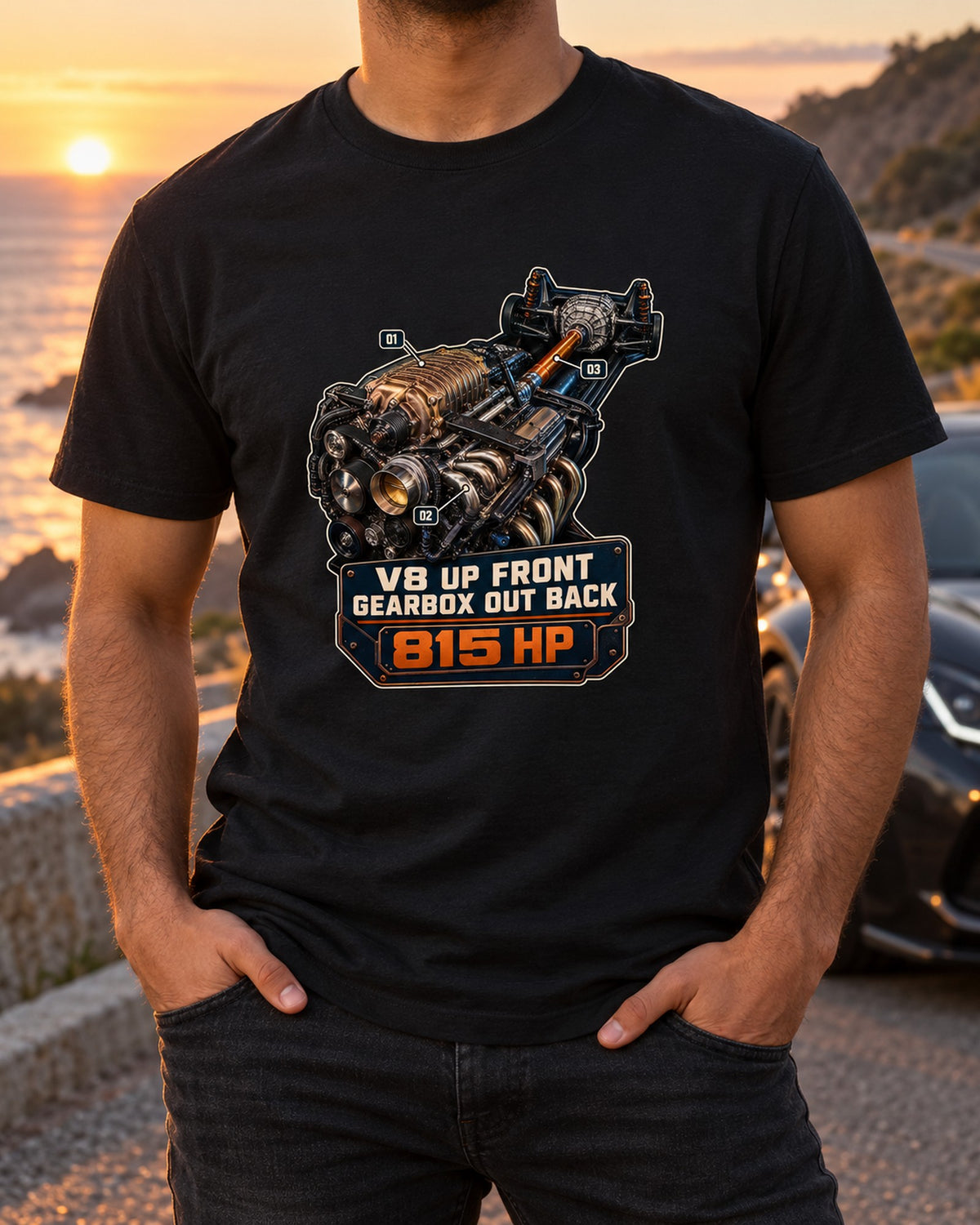 Mustang GTD Supercharged V8 Engine Hero Tee, Gearbox Out Back T-Shirt Black worn hero