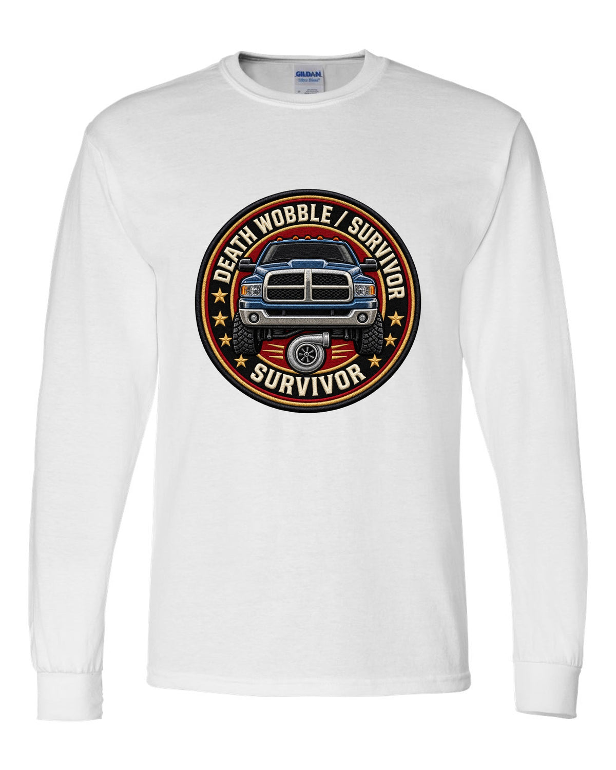 Round varsity crest print for the 2003-2009 Dodge Ram 2500 Cummins reading death wobble survivor white long sleeve front view with the design