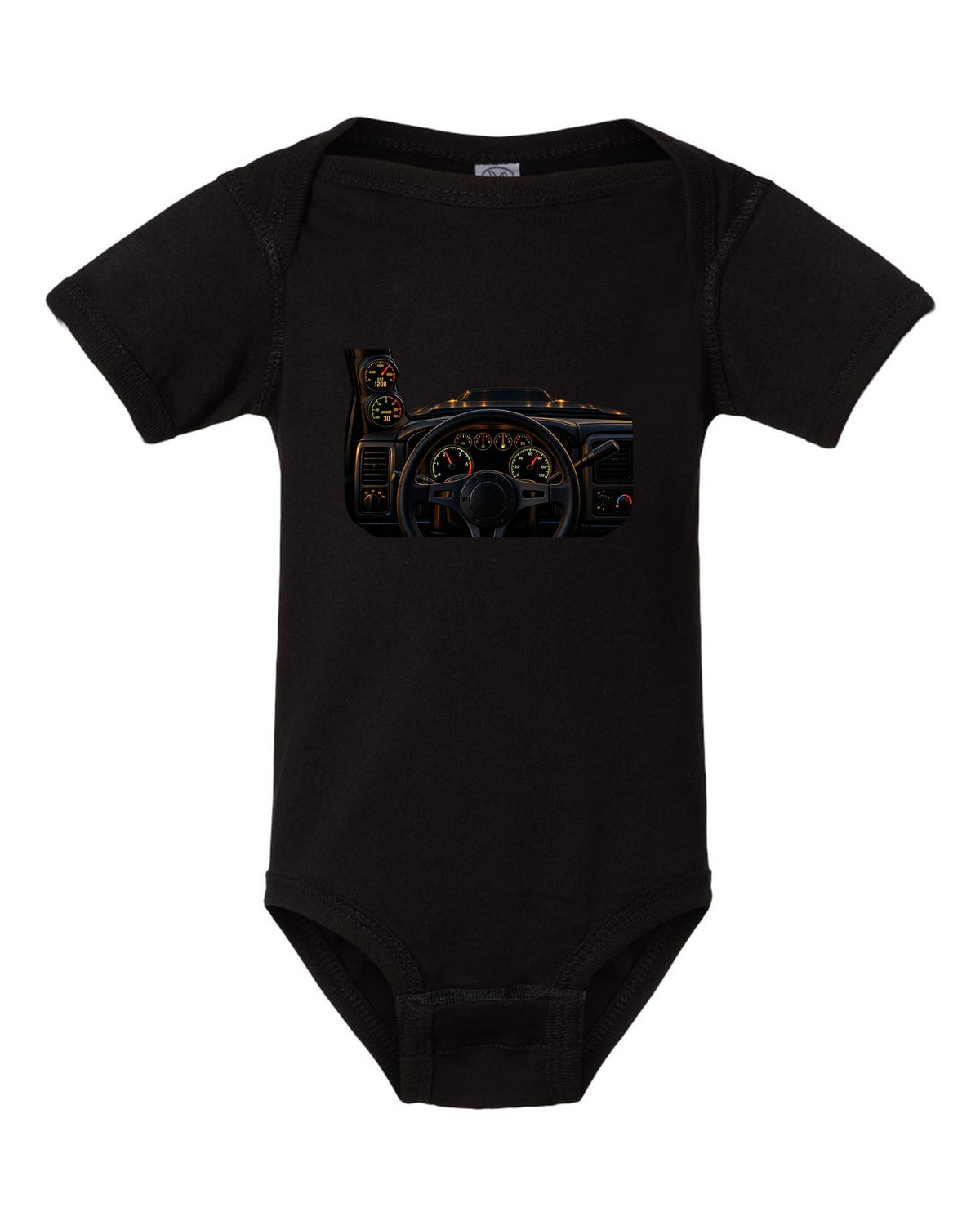 Dyno chart gauge cluster print showing EGT and boost for a Dodge Ram 2500 Cummins black baby onesie front view with the design