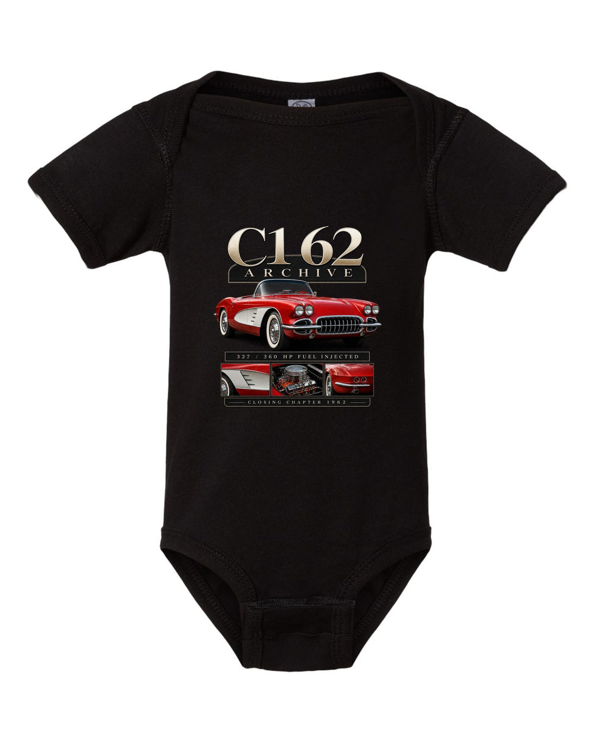 Corvette C1 1962 solid-axle roadster archive panel black baby onesie front view with the design