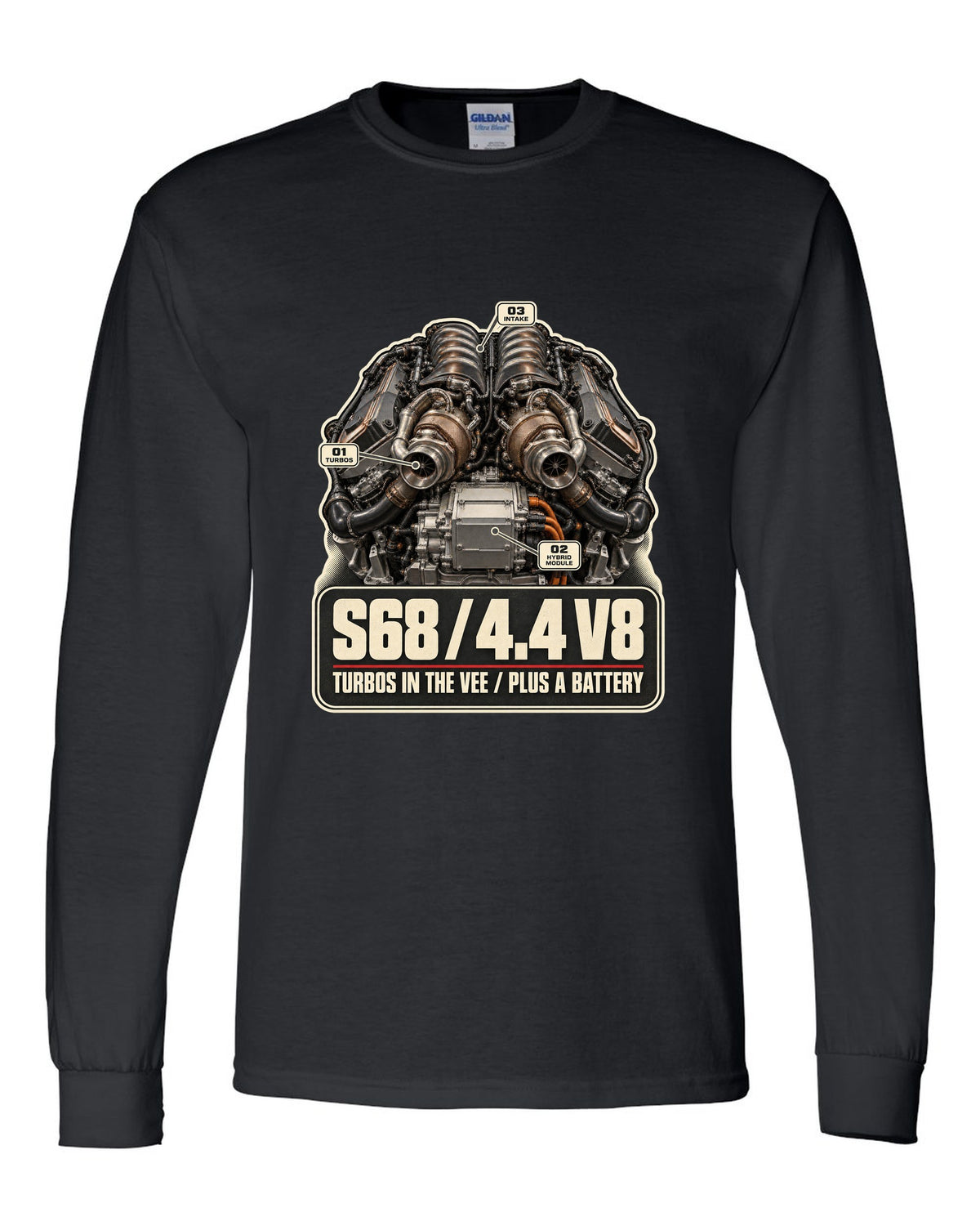 Engine hero print of the S68 4.4 V8 in the BMW XM G09 black long sleeve front view with the design