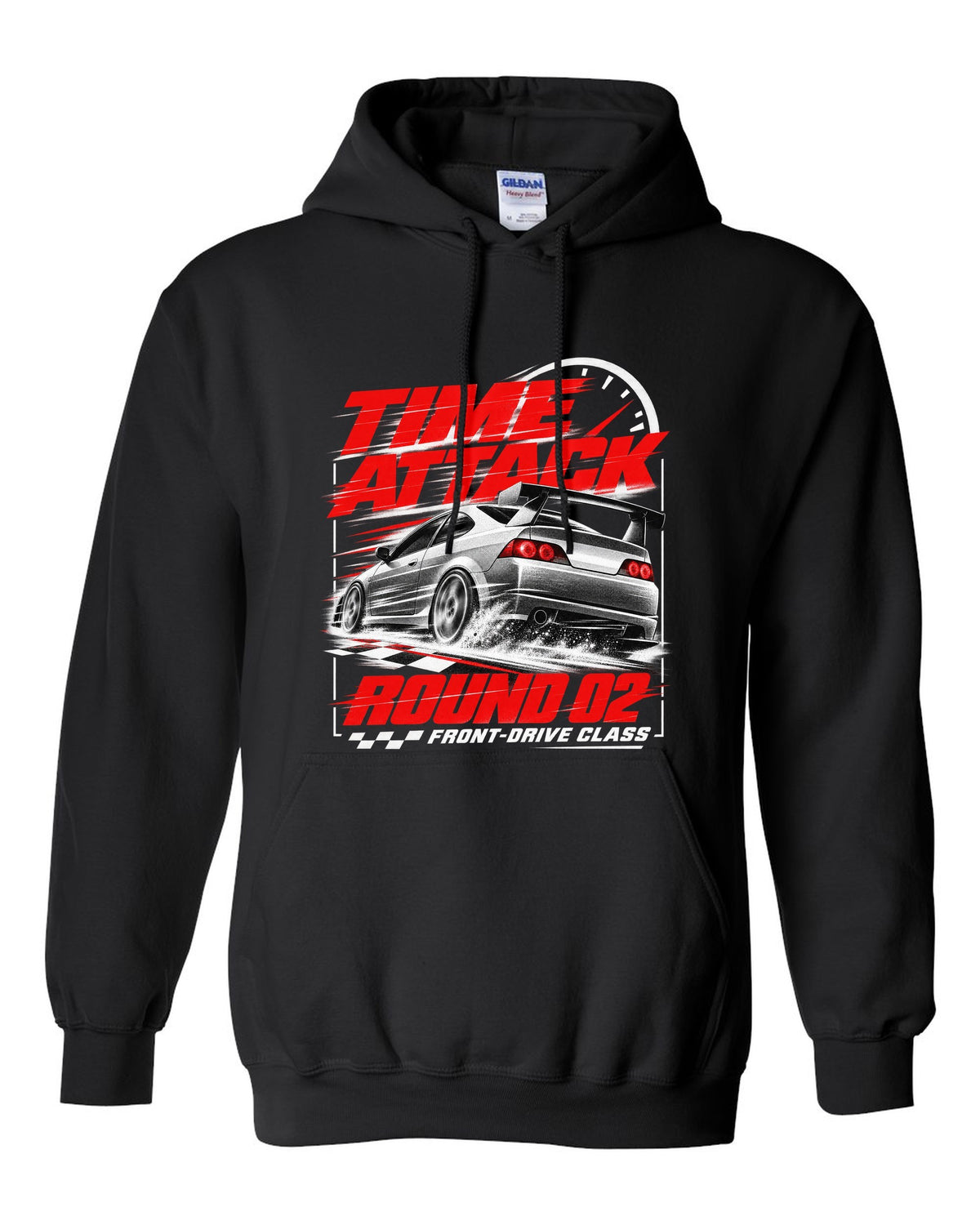Honda Integra DC5 Type R race poster design for time attack round 02 front-drive class black pull over hoodie front view with the design