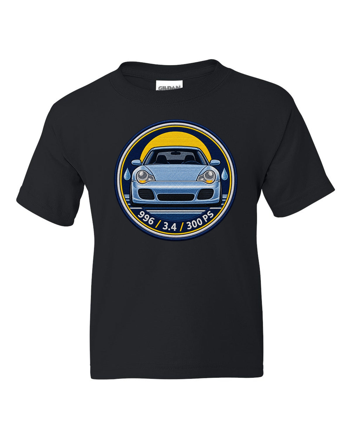 Round crest print of a 2004 Porsche 911 Carrera 997 with the text 997, 3.6 and 325 PS black kids tee front view with the design