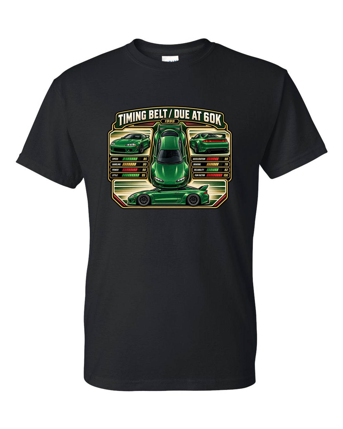 Top-down vector trading card print of a widebody Mitsubishi Eclipse GSX 2G with timing belt due at 60K text black t-shirt front view with the design