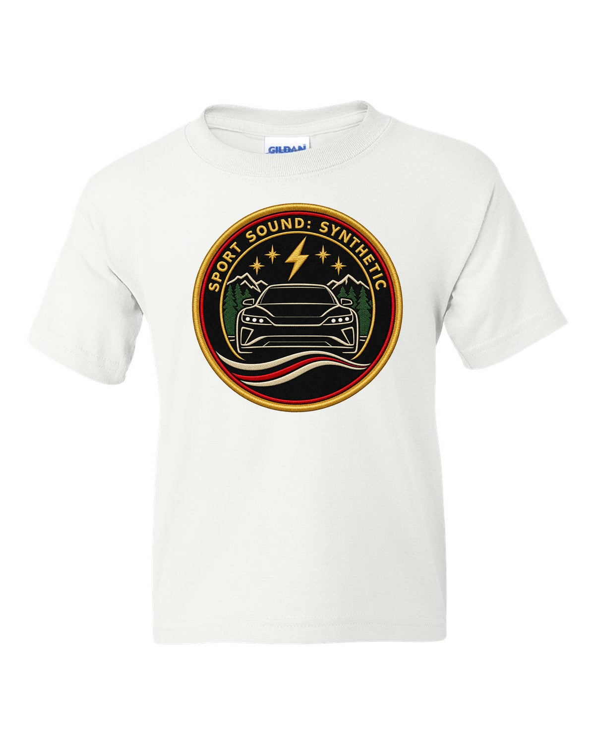 Porsche Taycan Turbo S 9J1 round embroidery-style crest print with the text sport sound synthetic white kids tee front view with the design