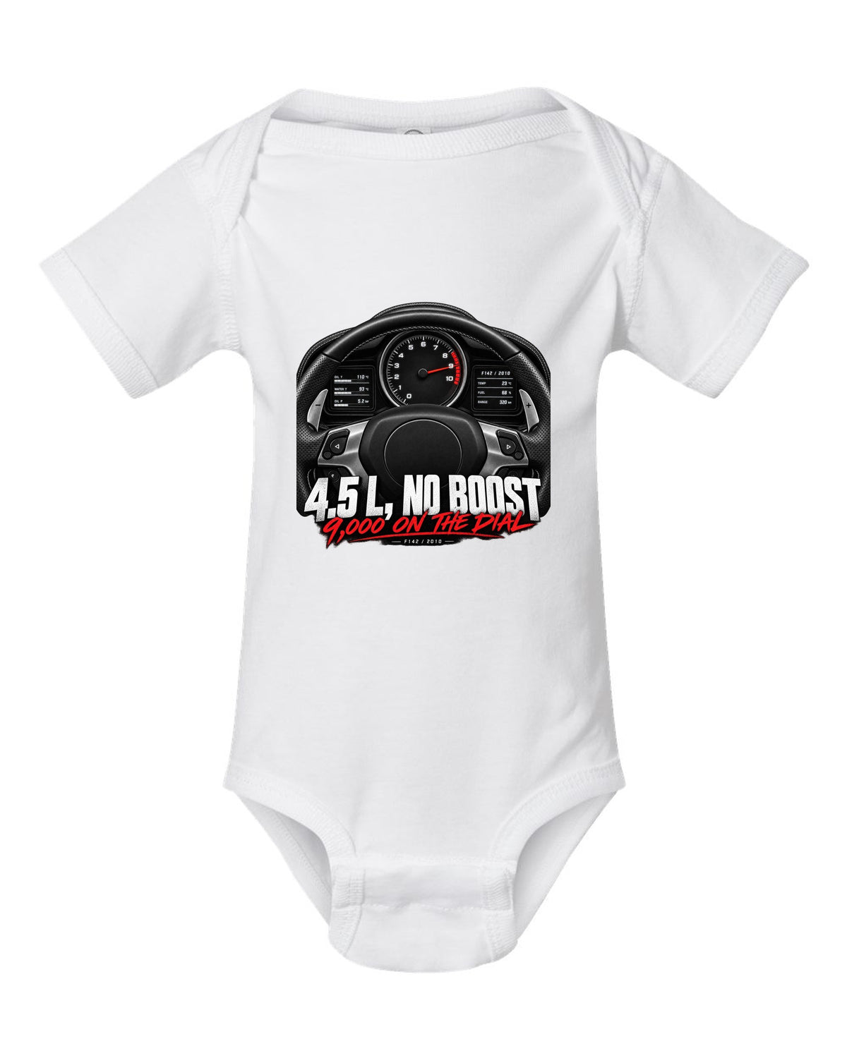 Cockpit gauge print of a Ferrari 458 Italia instrument cluster with 9,000 on the dial white baby onesie front view with the design