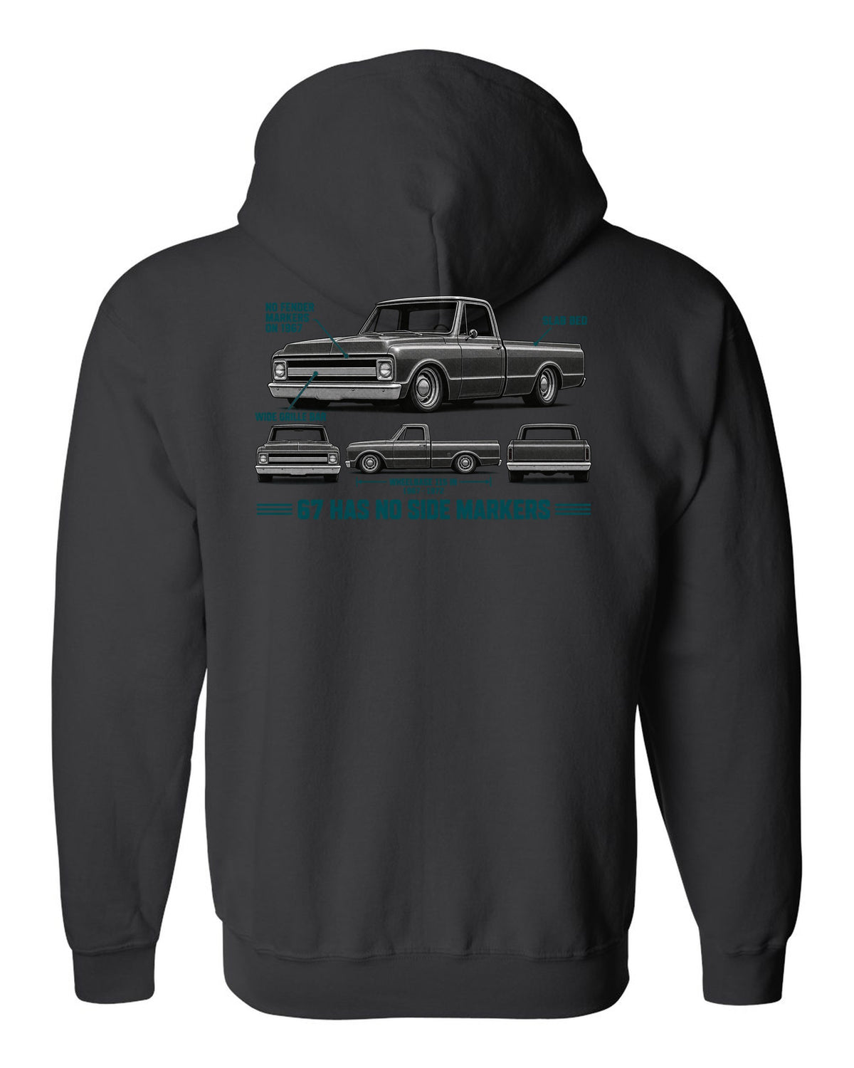 Chevrolet C10 Fleetside 1967-72 Spec Strip black zip hoodie back view with the design