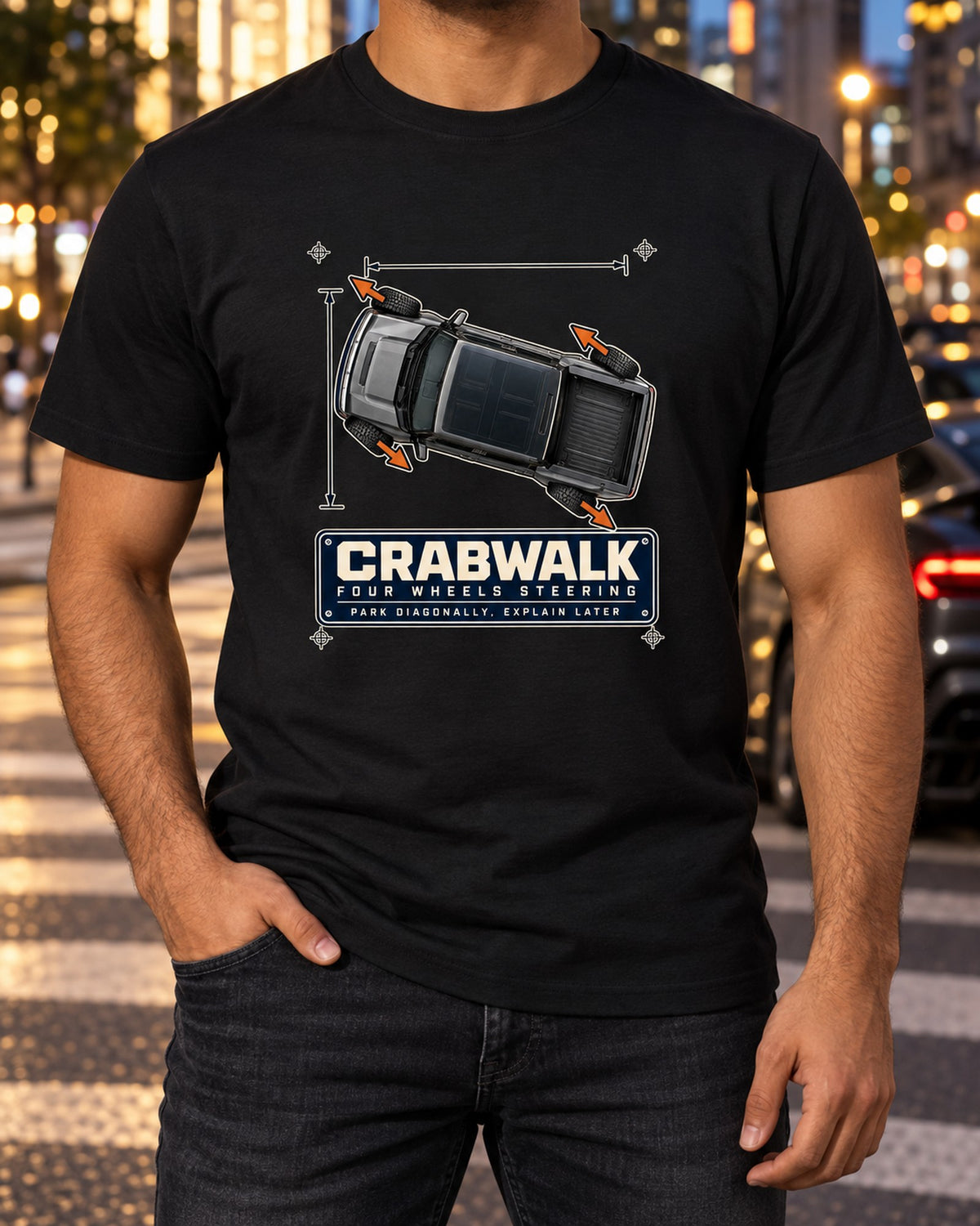 Hummer EV CrabWalk Dimension Blueprint Tee, Top View Print T-Shirt Black worn hero