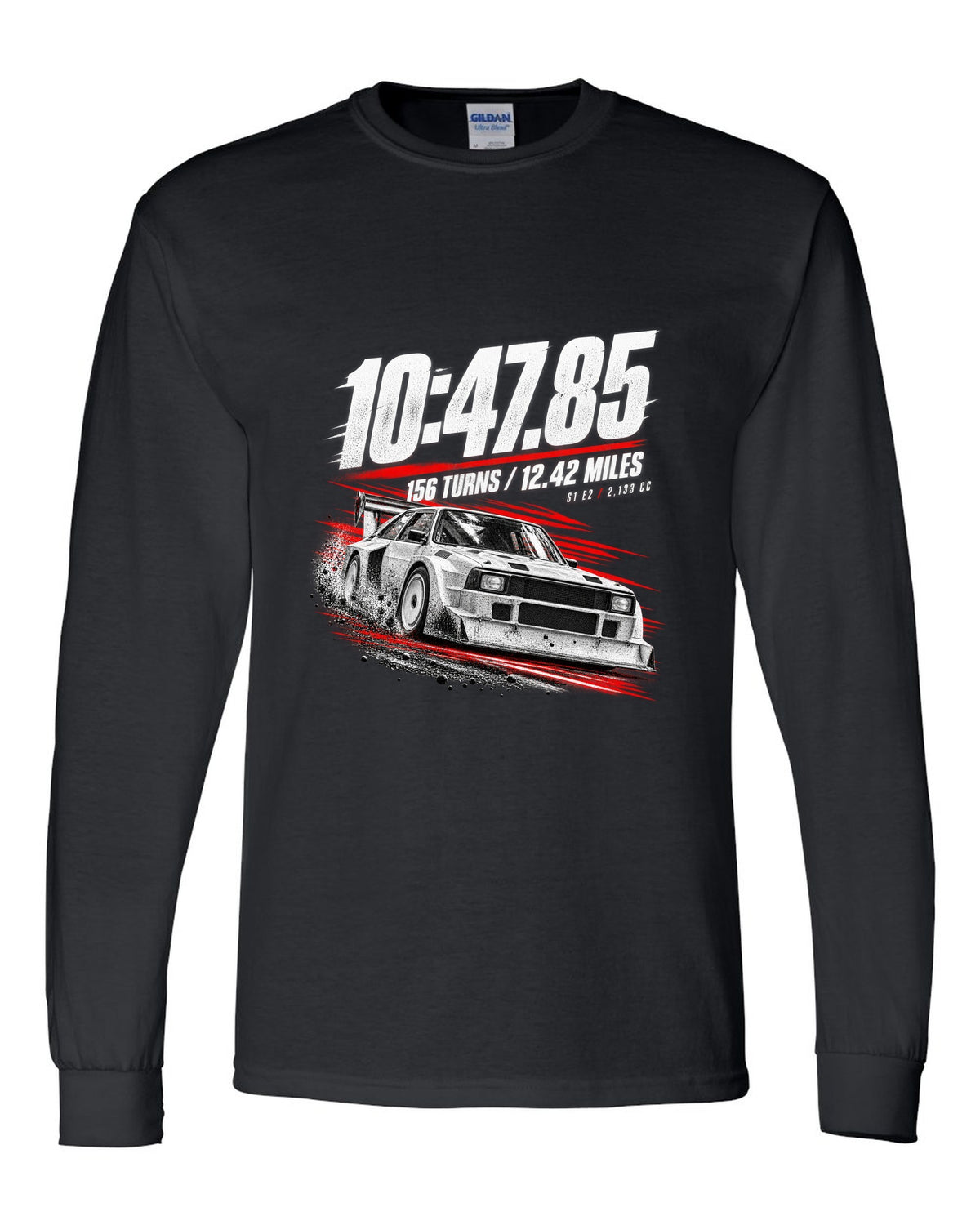 Race poster print of an Audi Sport Quattro S1 E2 with hill climb numbers black long sleeve front view with the design