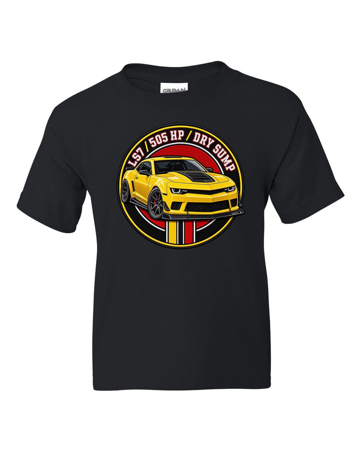 2014 Camaro Z/28 in a varsity crest design with text LS7 505 HP Dry Sump black kids tee front view with the design