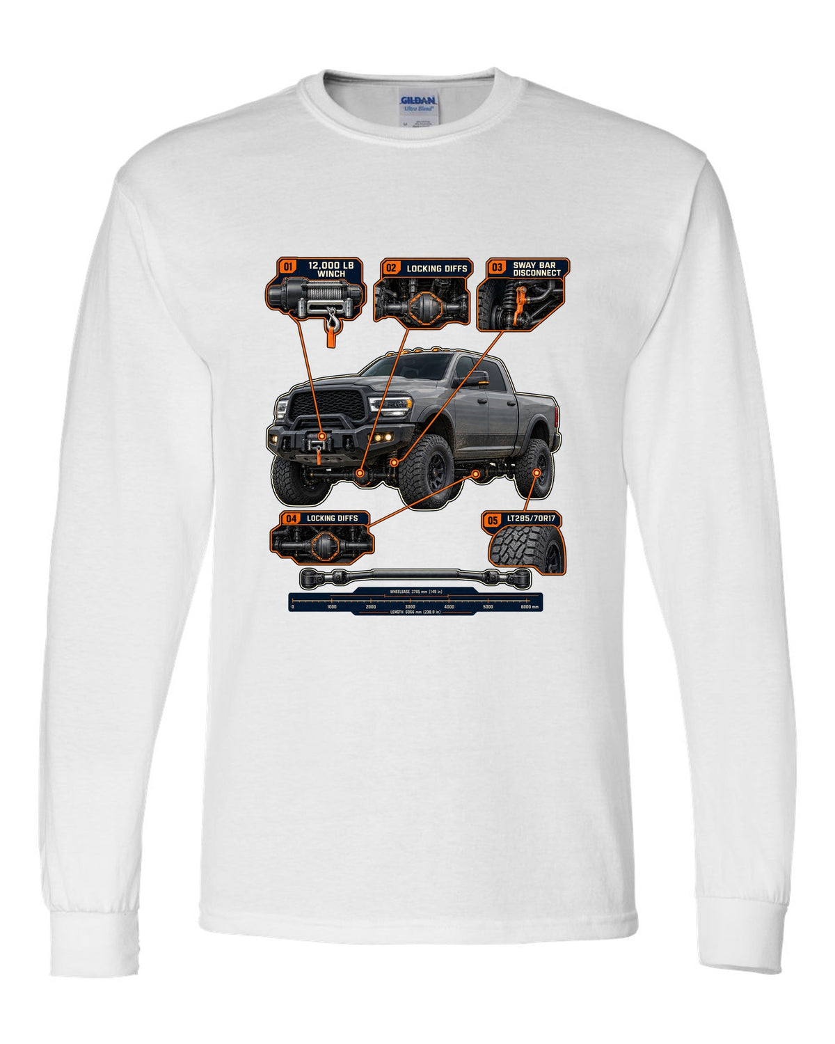 Ram 2500 Power Wagon callouts for winch, locking diffs and sway bar disconnect print white long sleeve front view with the design