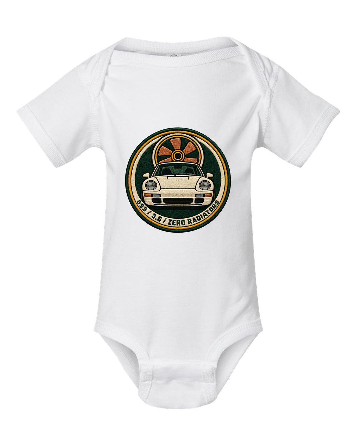 Round crest print of a Porsche 911 993 with the text 993, 3.6 and zero radiators white baby onesie front view with the design