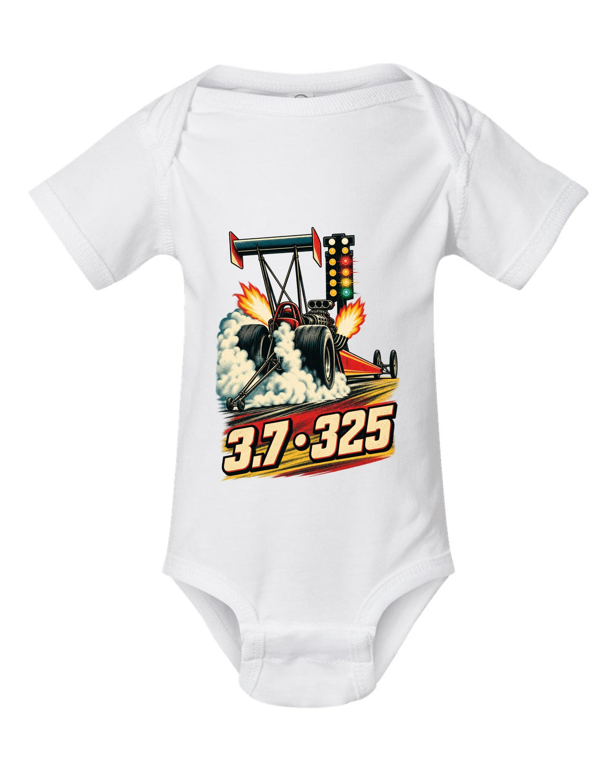 Retro poster style Top Fuel dragster doing a burnout with halftone smoke and 3.7 325 lettering white baby onesie front view with the design