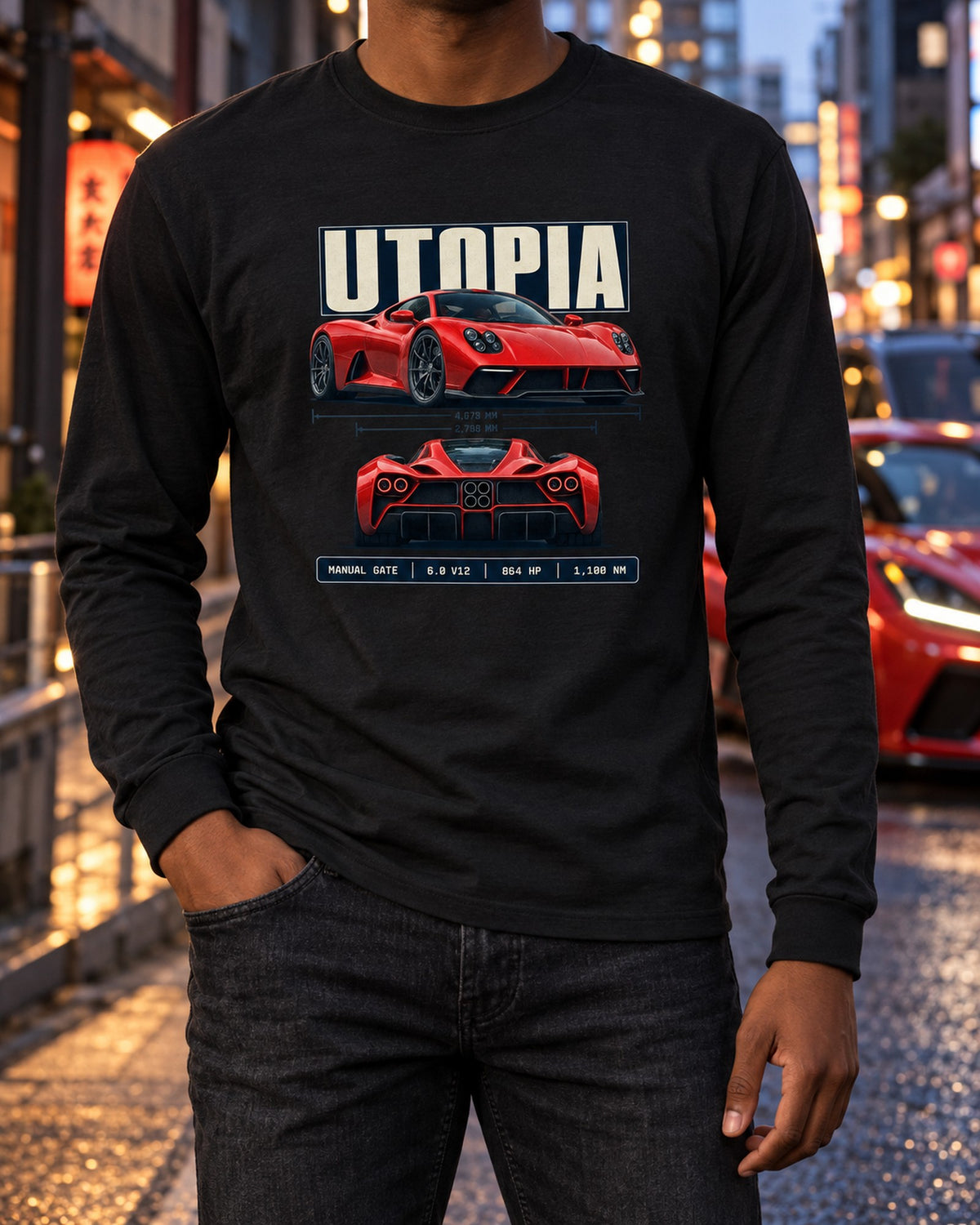 Pagani Utopia Spec Poster Shirt, Manual Gate V12 Tee Long Sleeve Black worn hero