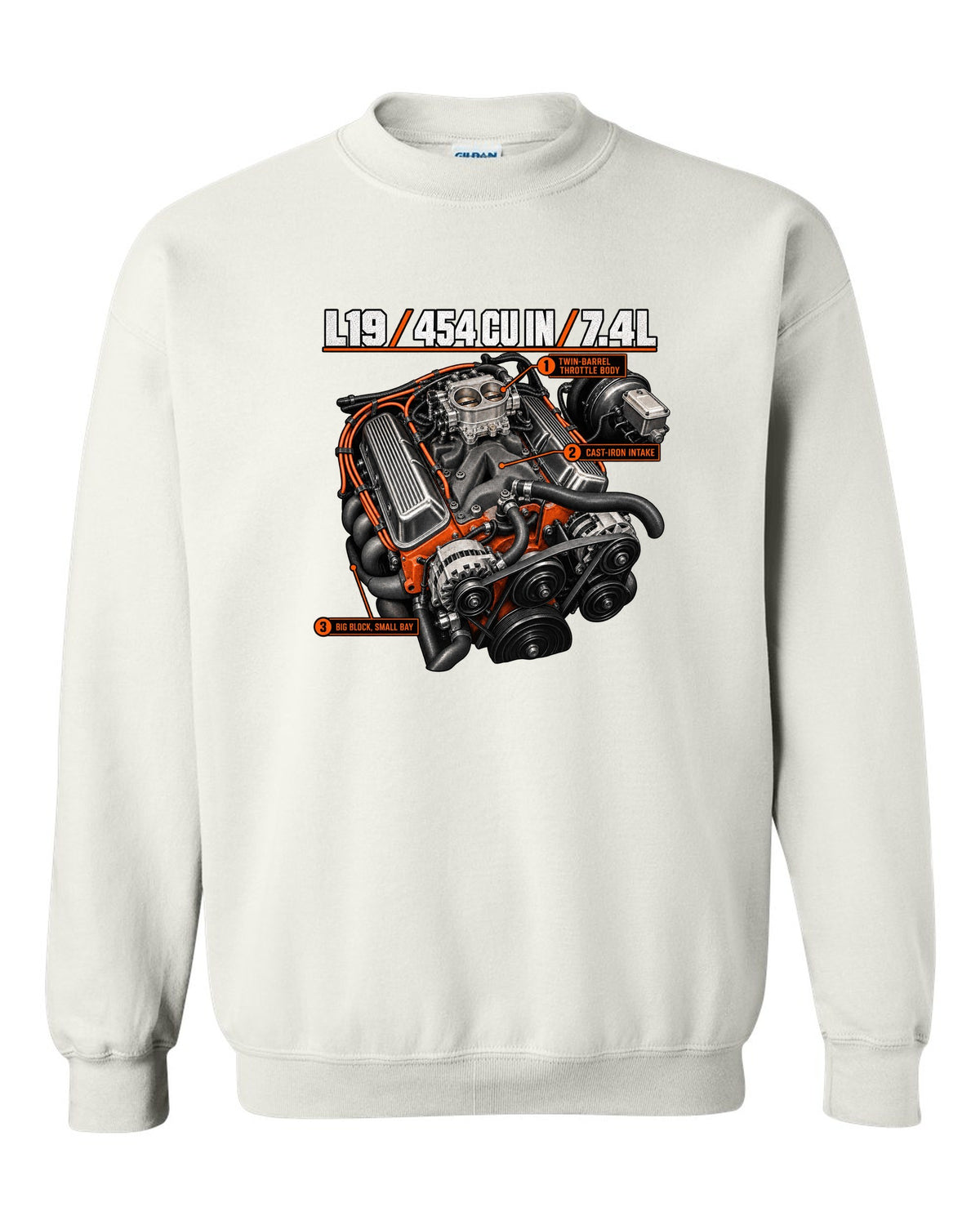 Chevy 454 SS L19 big-block engine diagram print white crewneck front view with the design