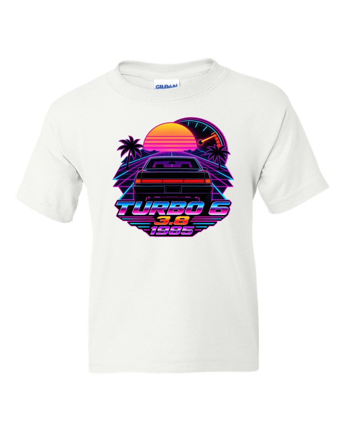 1985 Buick Regal T-Type rear taillights in a synthwave outrun sunset white kids tee front view with the design
