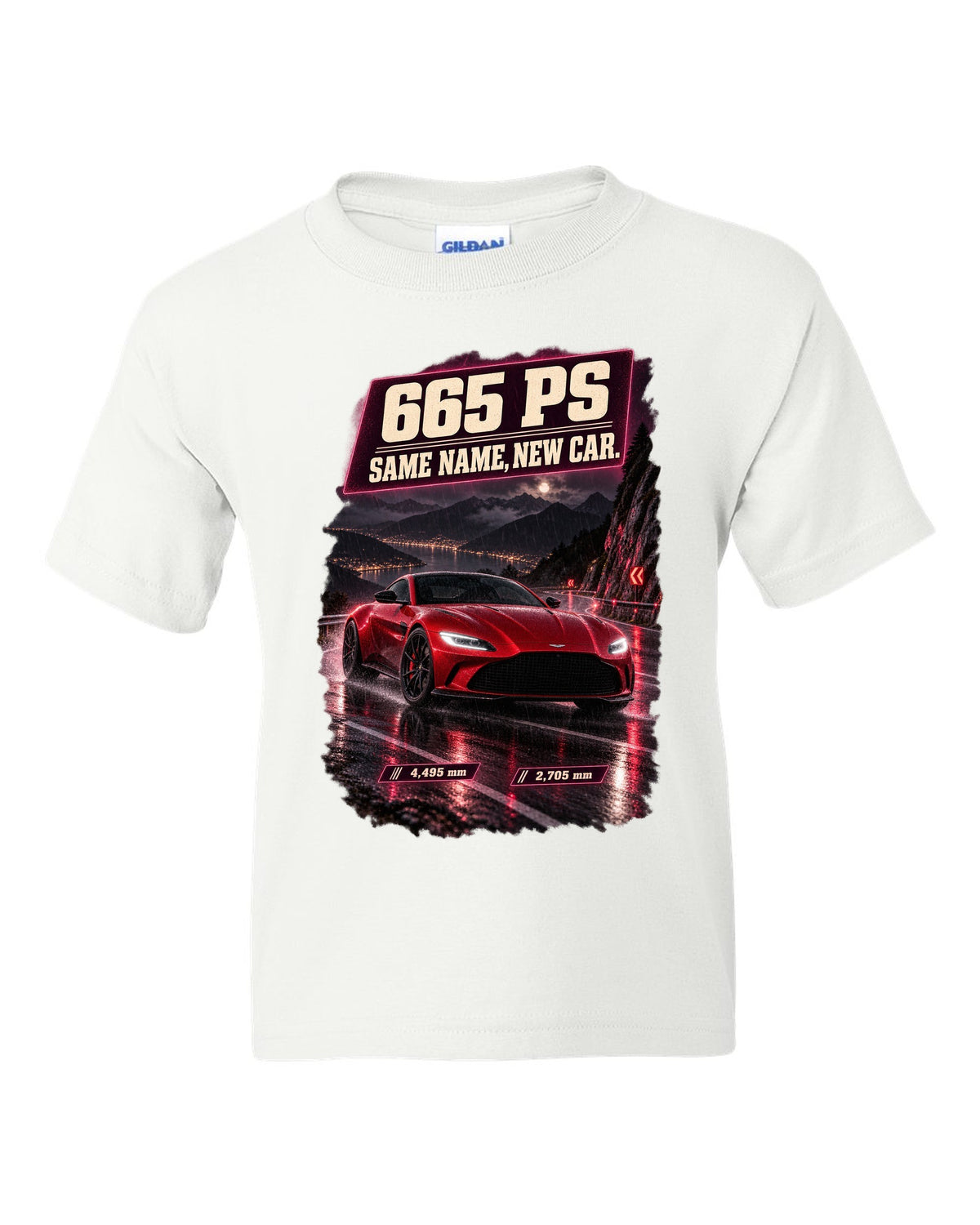 Aston Martin Vantage 2024 touge night street print with 665 PS text white kids tee front view with the design