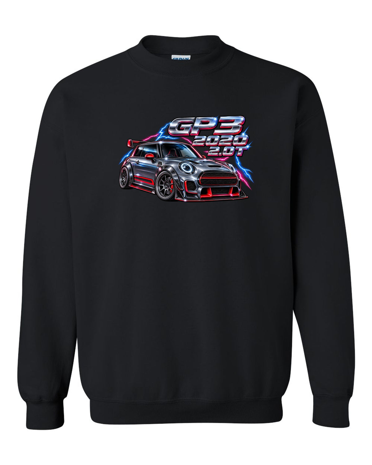80s airbrush chrome artwork of the Mini JCW GP F56 GP3 black crewneck front view with the design