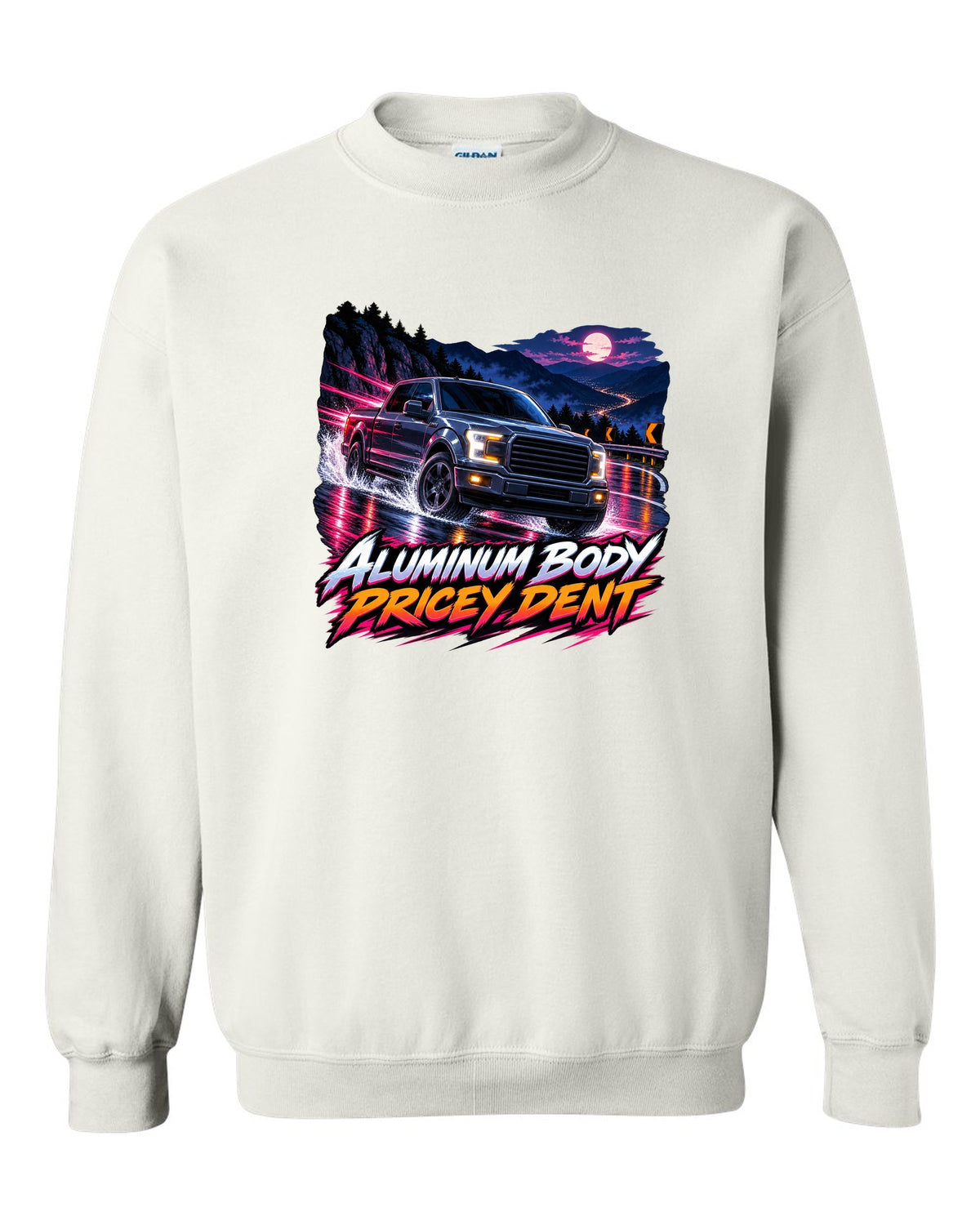 Cel-shaded anime night mountain pass print of a 2015-20 Ford F-150 P552 truck white crewneck front view with the design