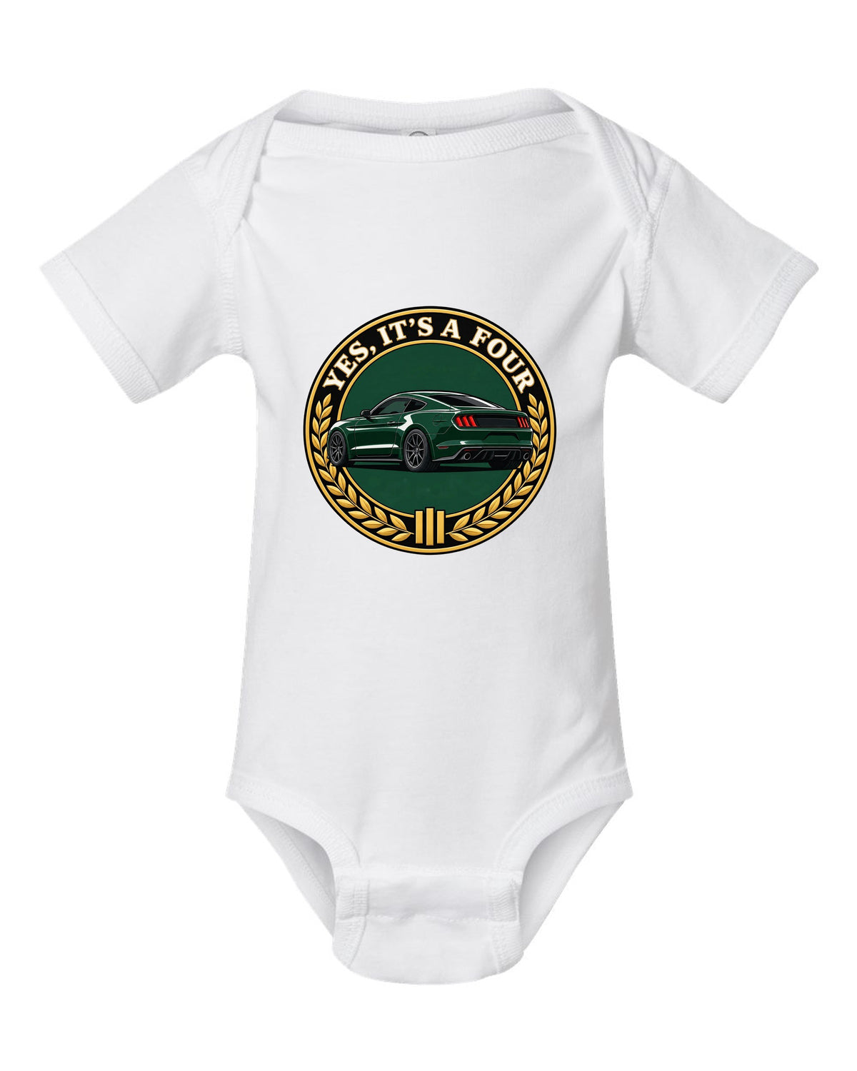 Gauge-cluster HUD print of an S550 Mustang fastback showing 0-60 in 4.3 seconds white baby onesie front view with the design