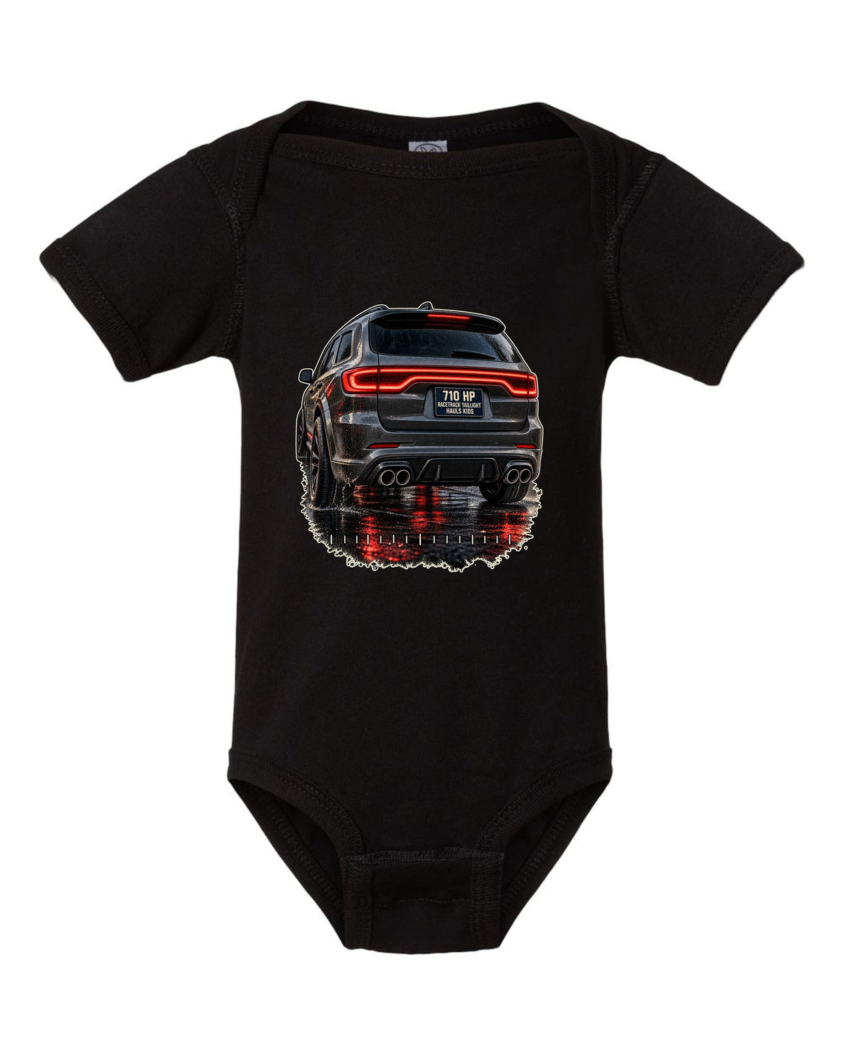 print of a Dodge Durango SRT Hellcat taillight close-up black baby onesie front view with the design