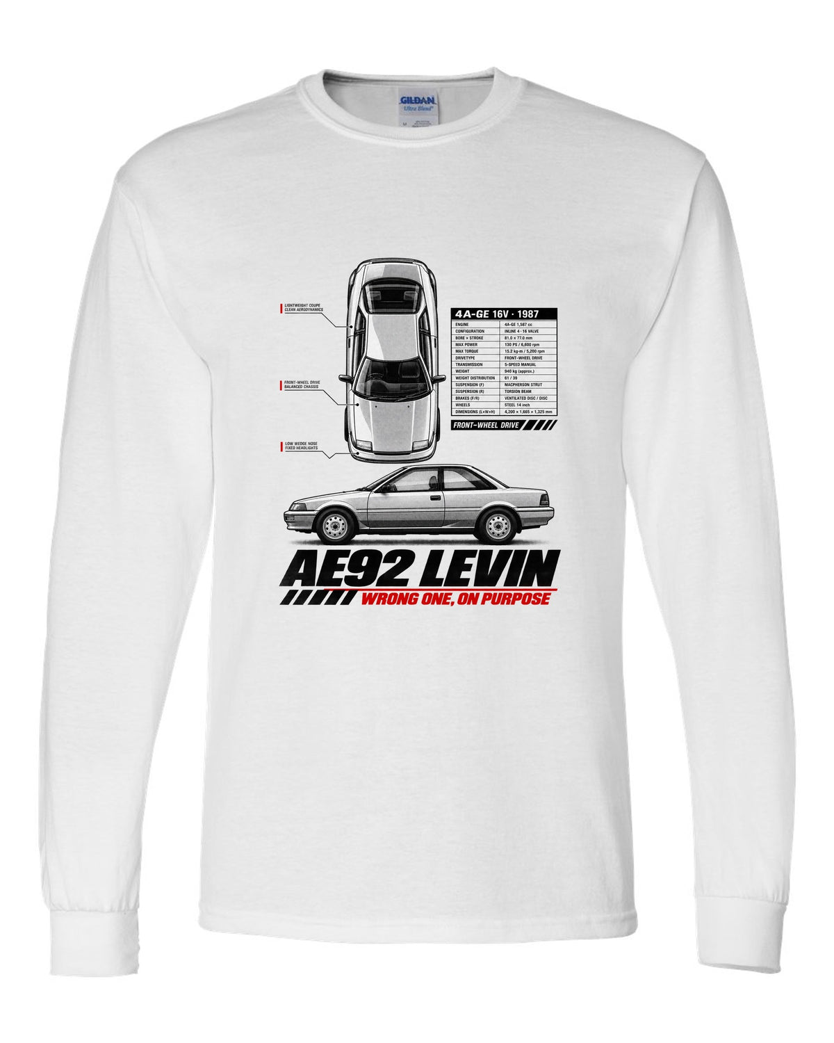 Spec poster print of a Toyota Corolla Levin AE92 with 4A-GE 16V and front-wheel drive text white long sleeve front view with the design