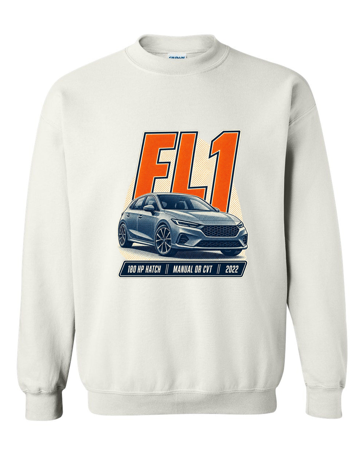 Honda Civic chback FL1 halftone front three-quarter print white crewneck front view with the design