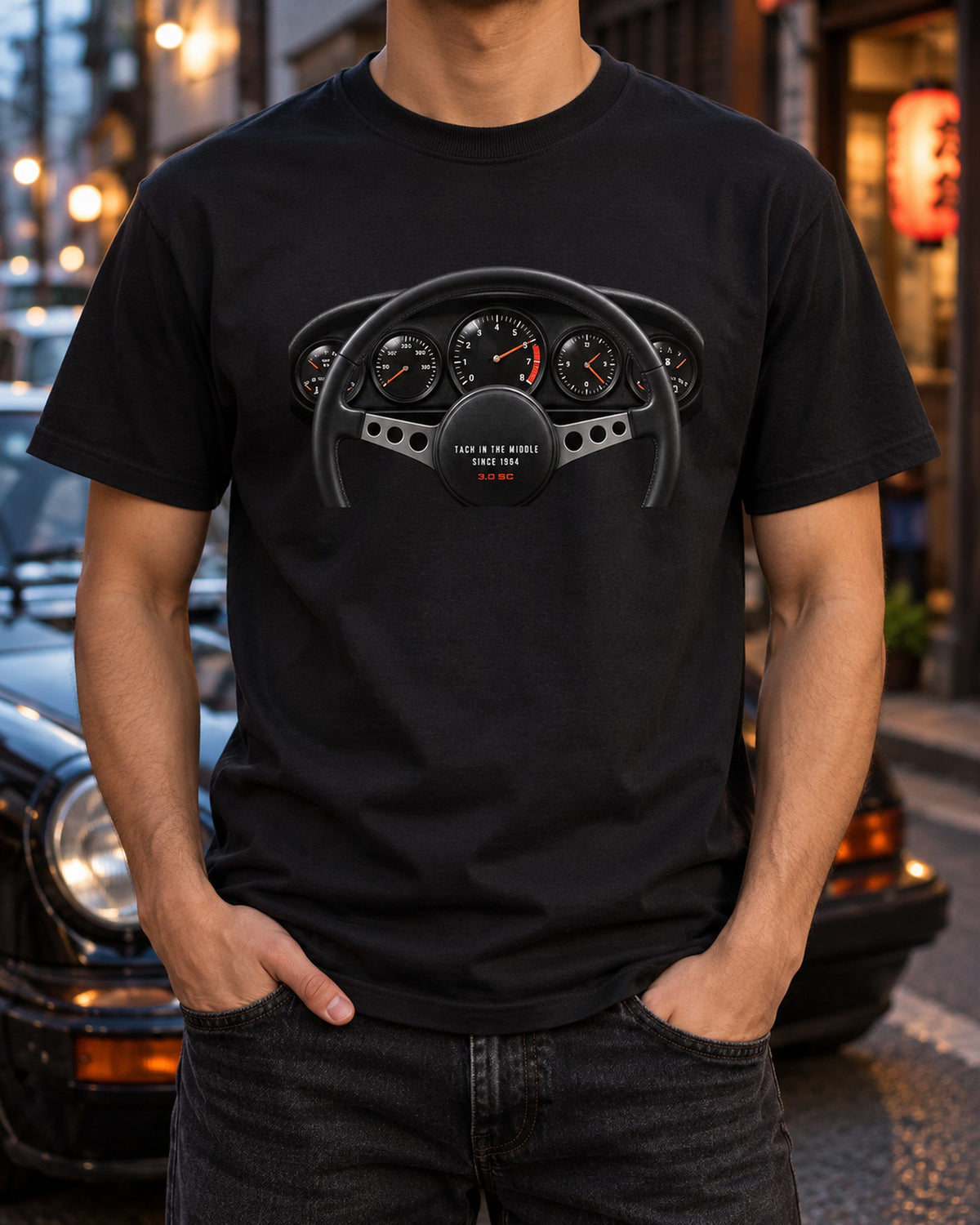 Porsche 911 SC Targa Cockpit Gauge Tee, Tach In The Middle T-Shirt Black worn hero