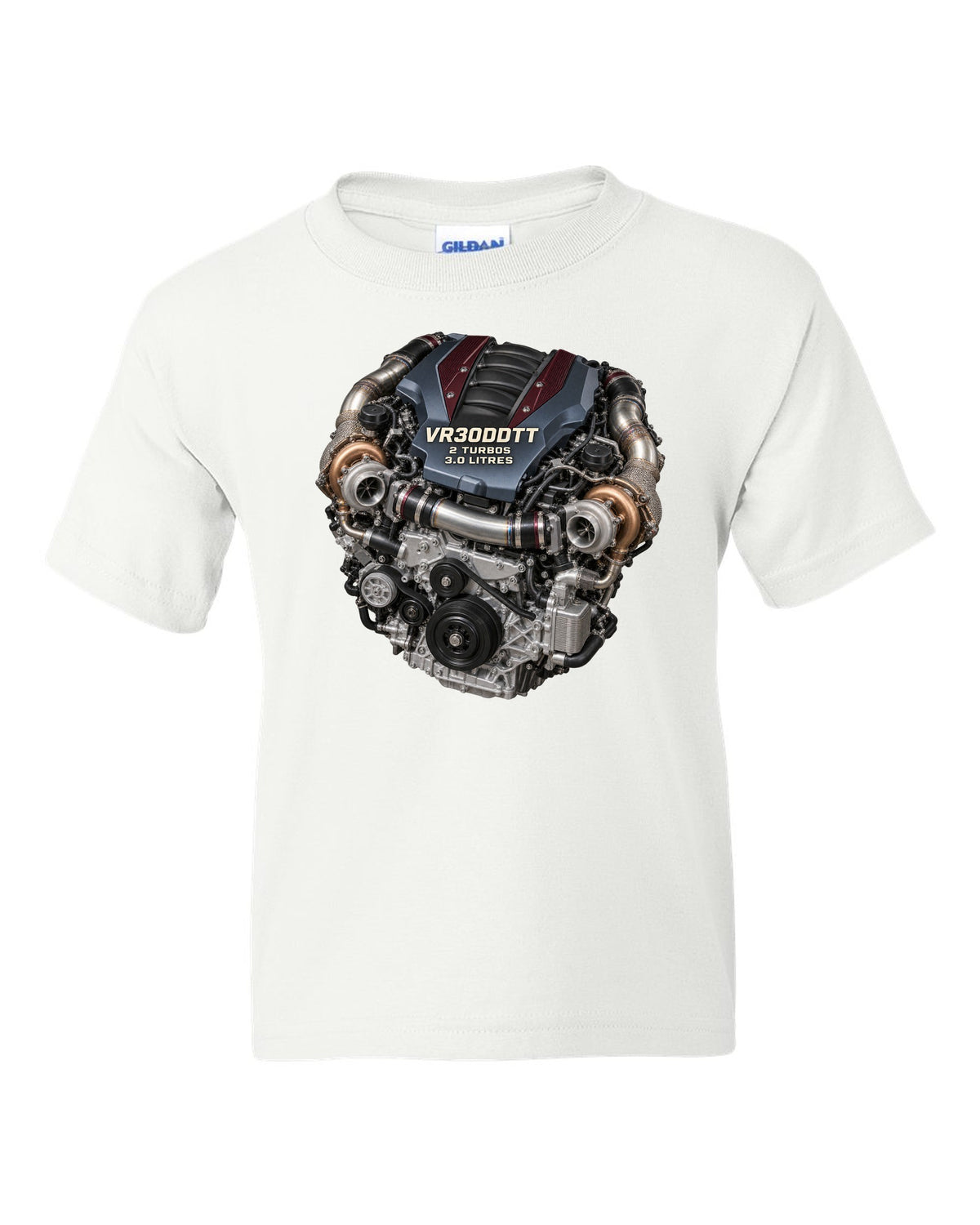 Hero image of a Nissan VR30DDTT twin-turbo V6 engine from the RZ34 Z white kids tee front view with the design
