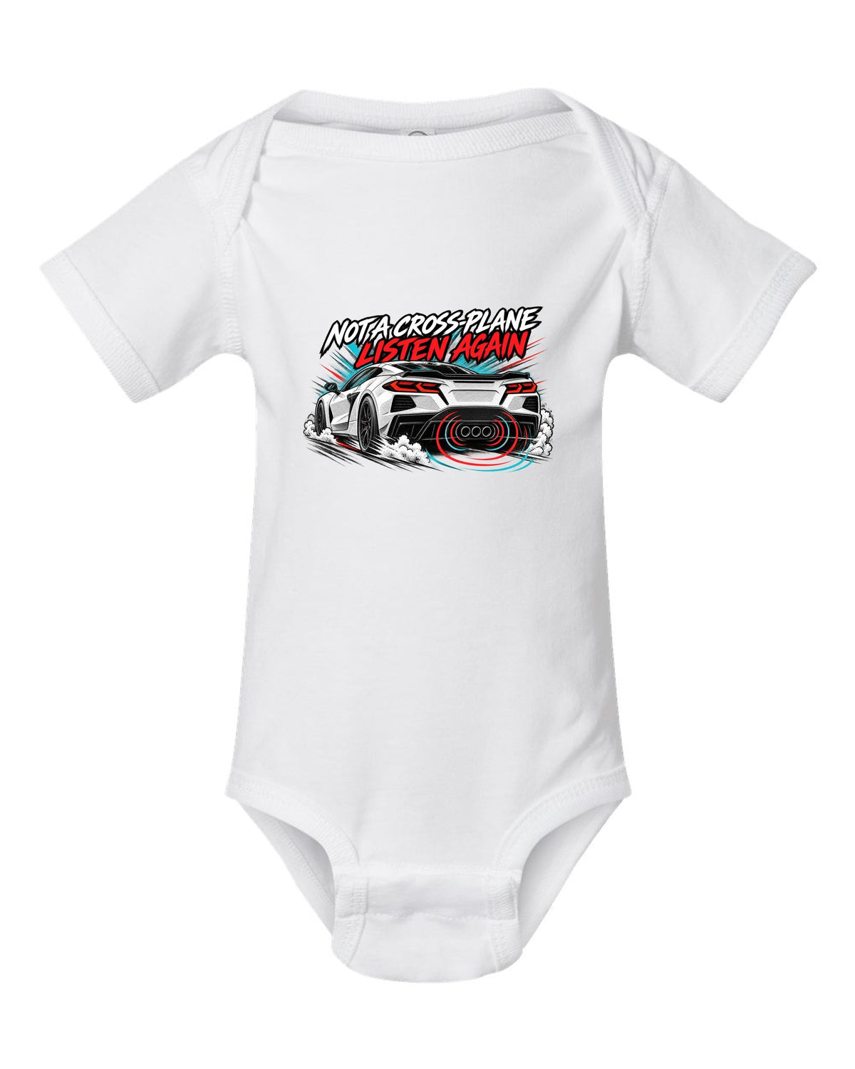 Badge crest design of a 2025 C8 Corvette ZR1 with large fender vents and rear wing white baby onesie front view with the design
