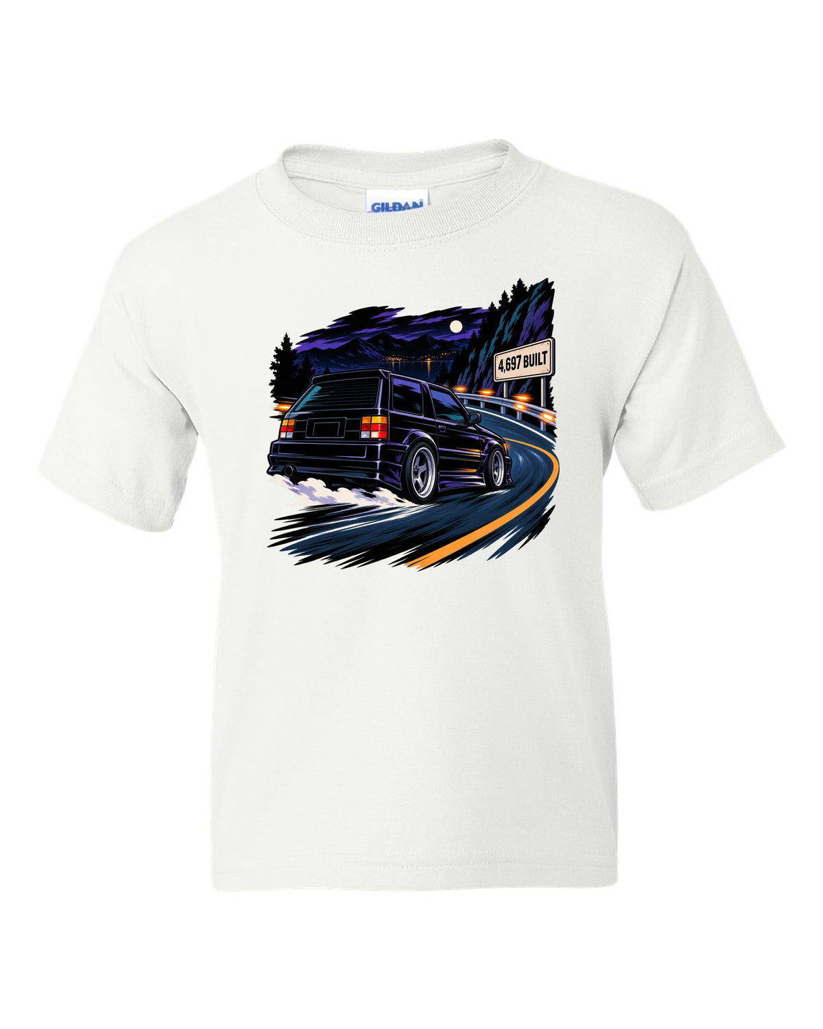 Cel-shaded 90s anime night touge scene with a 1992-93 GMC Typhoon and 4,697 BUILT text white kids tee front view with the design