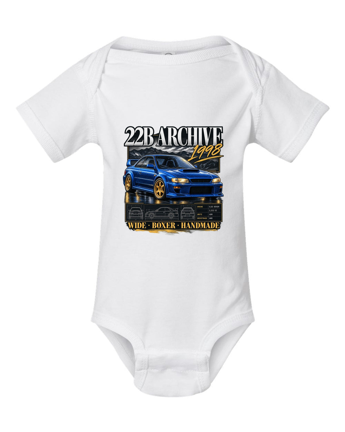 Archive panel print of a Subaru Impreza 22B STi GC8 with 400 built lettering white baby onesie front view with the design