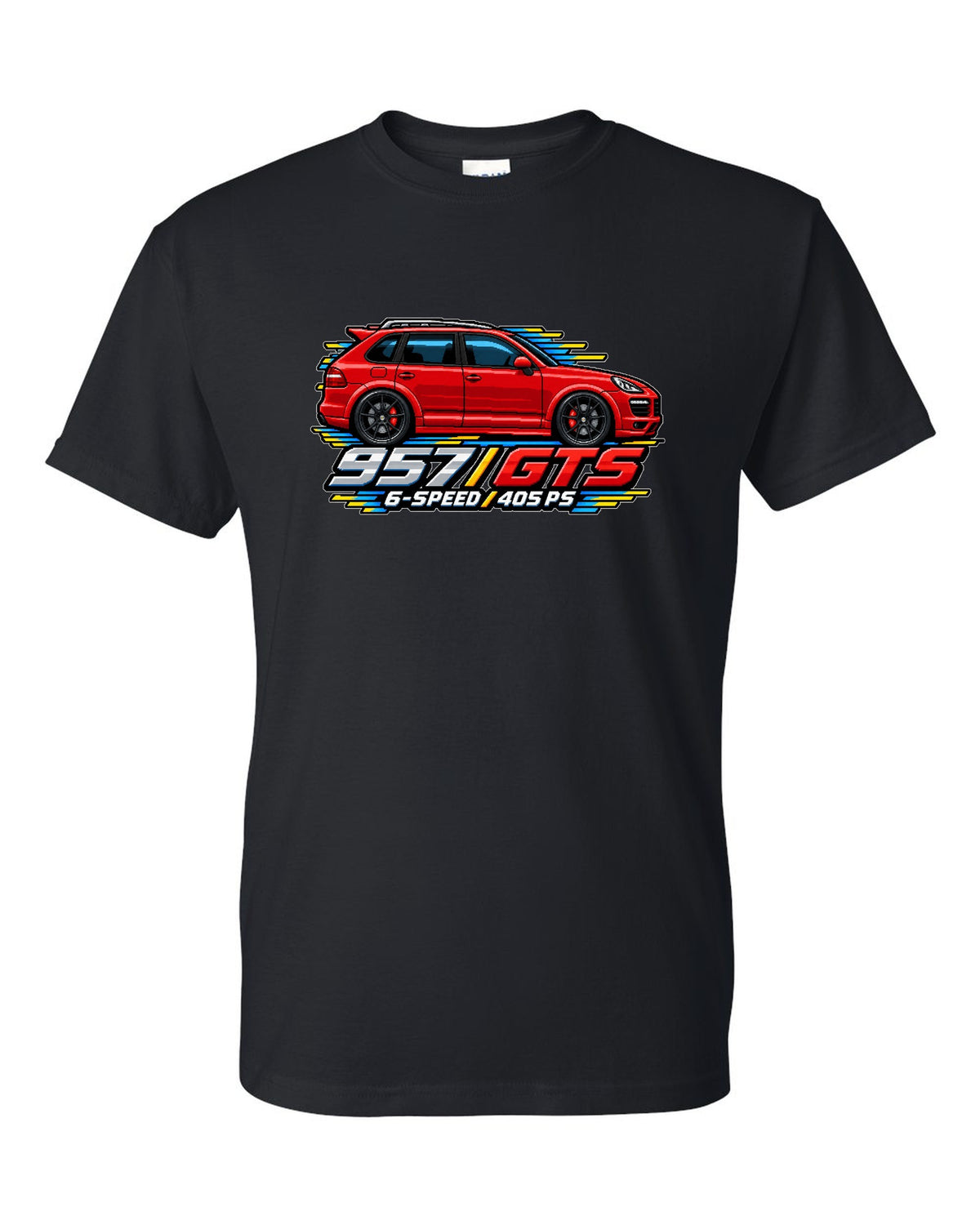 16-bit pixel art design of the Porsche Cayenne GTS 957 with 6-speed and 405 PS lettering black t-shirt front view with the design