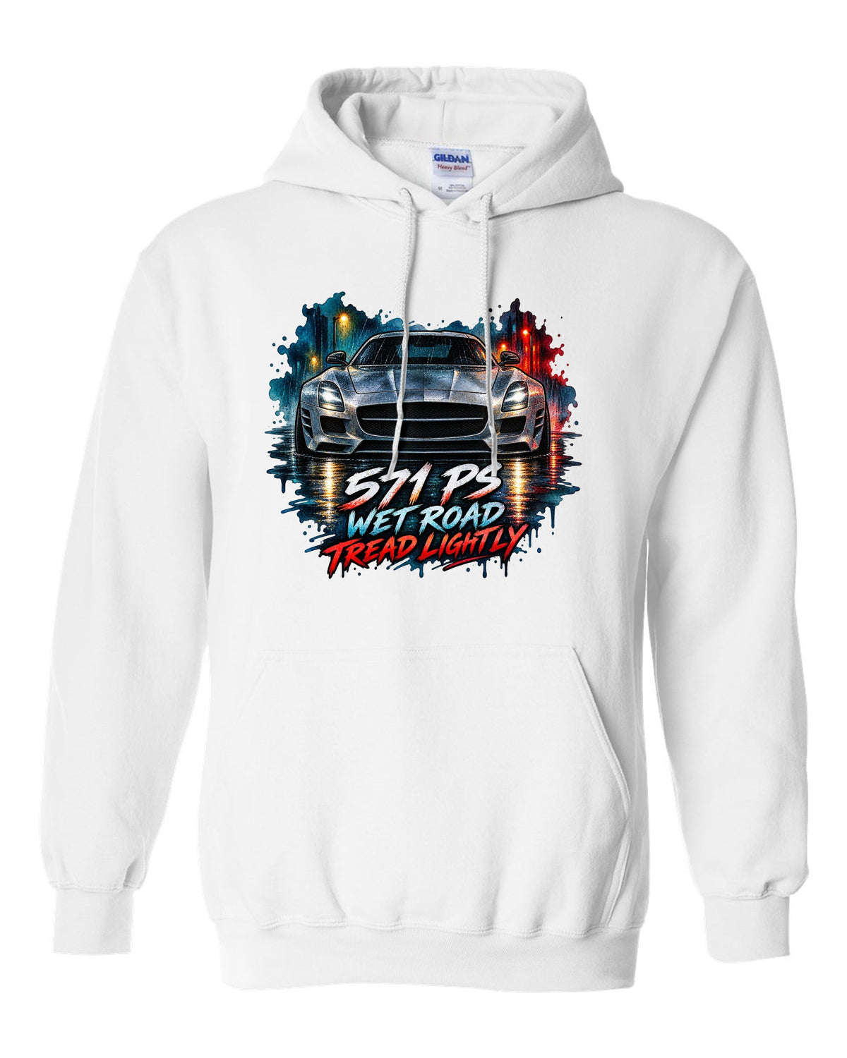 Watercolour illustration of a Mercedes SLS AMG C197 on a wet night road with 571 PS text white pull over hoodie front view with the design