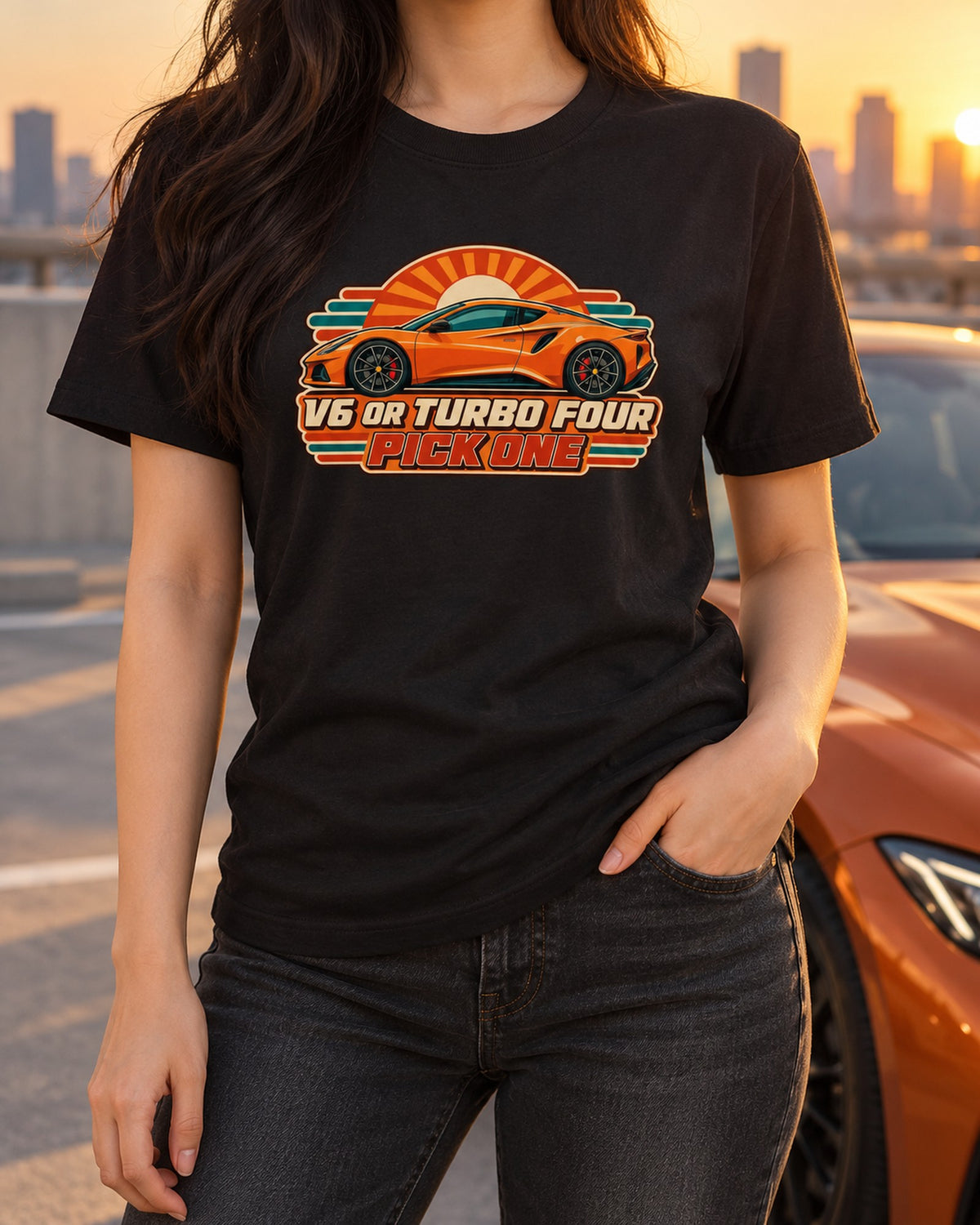 Lotus Emira 2021 Showa Ad Shirt, V6 or Turbo Four T-Shirt Black worn hero