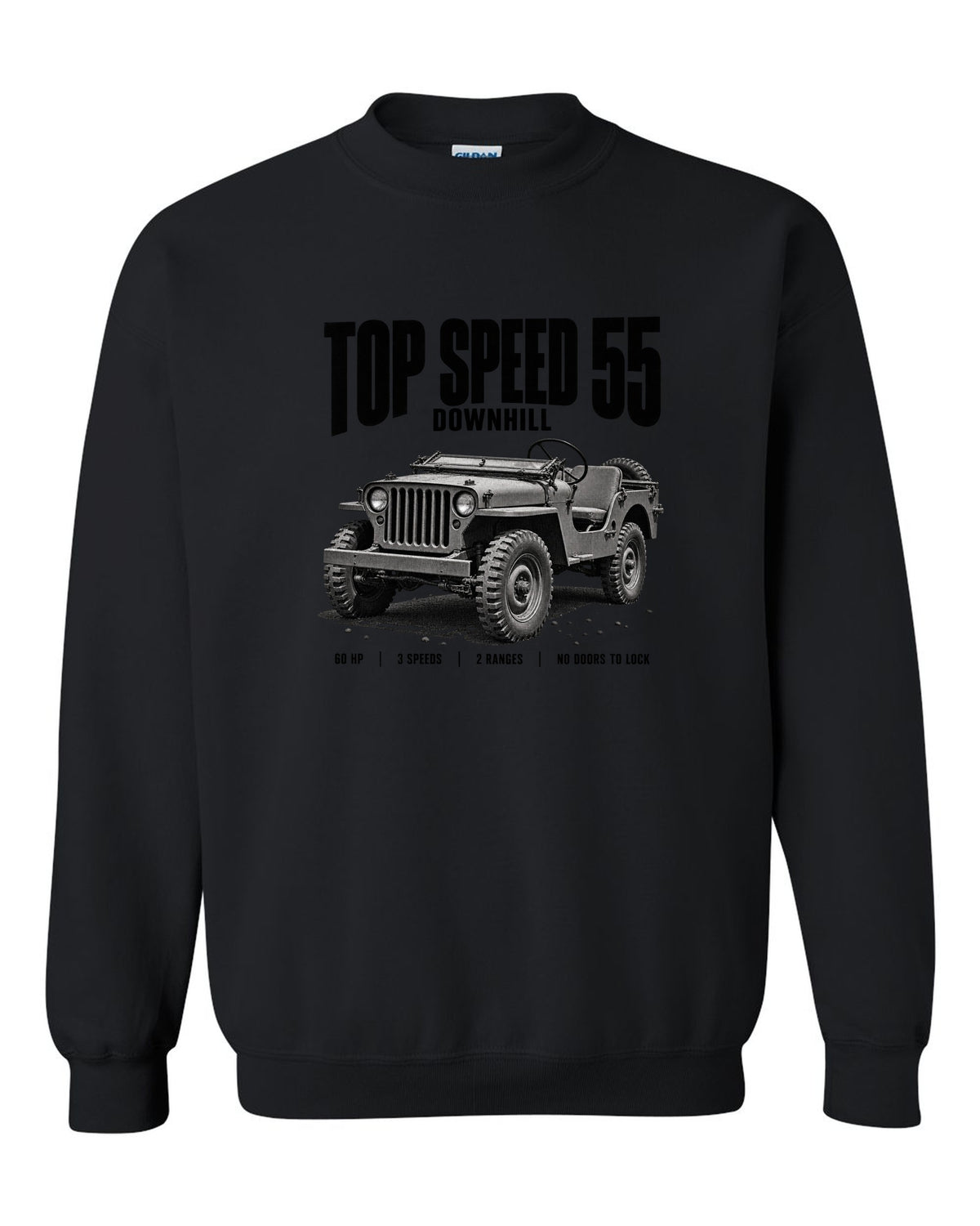 Halftone print for the Willys MB, Top Speed 55 Downhill black crewneck front view with the design