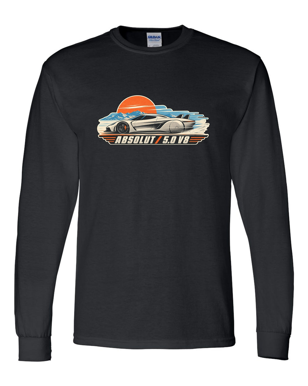 Vintage race poster illustration of the Koenigsegg Jesko Absolut with ABSOLUT 5.0 V8 lettering black long sleeve front view with the design