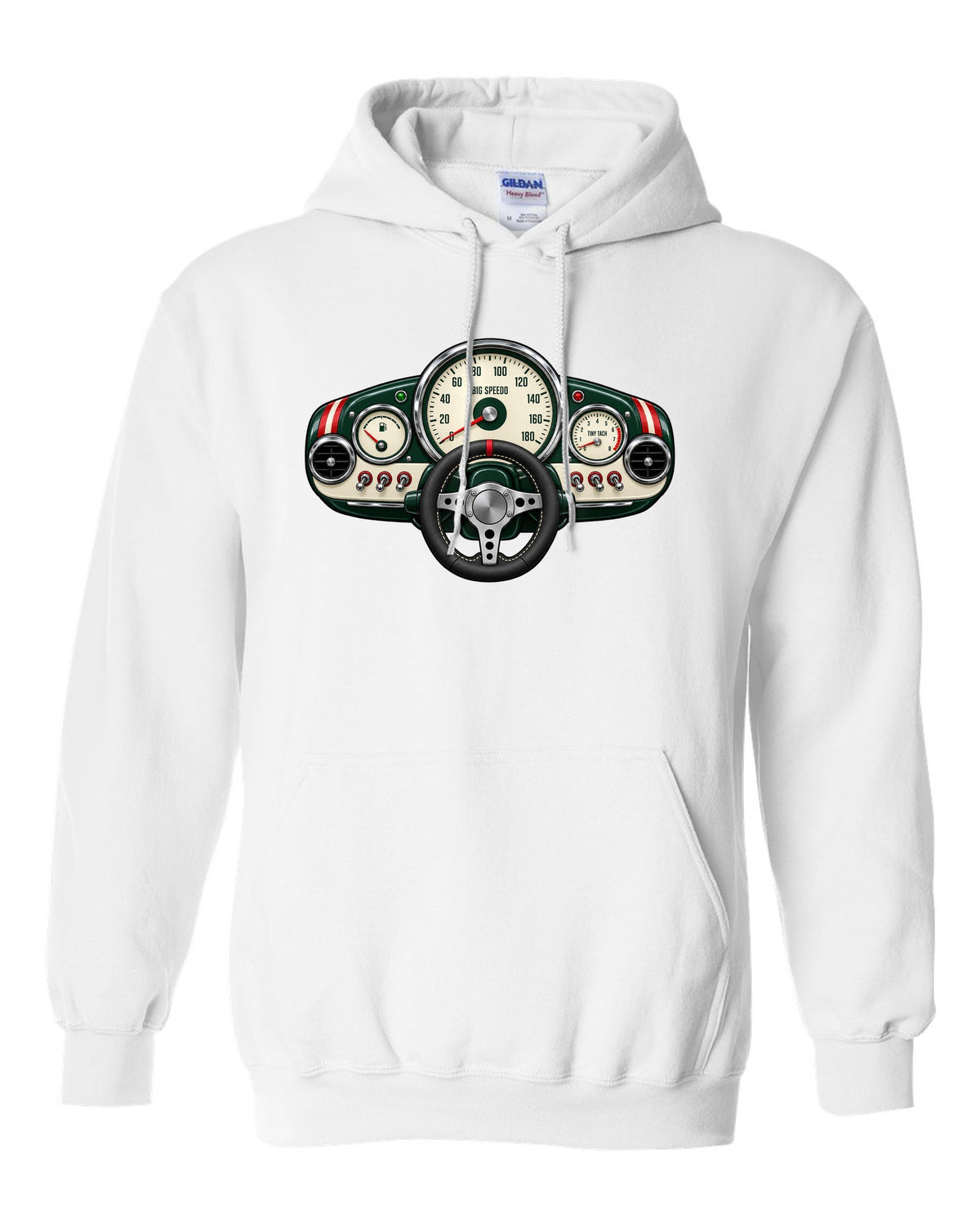 Gauge-cluster print for the Mini Cooper S R53 with big speedo and tiny tach lettering white pull over hoodie front view with the design