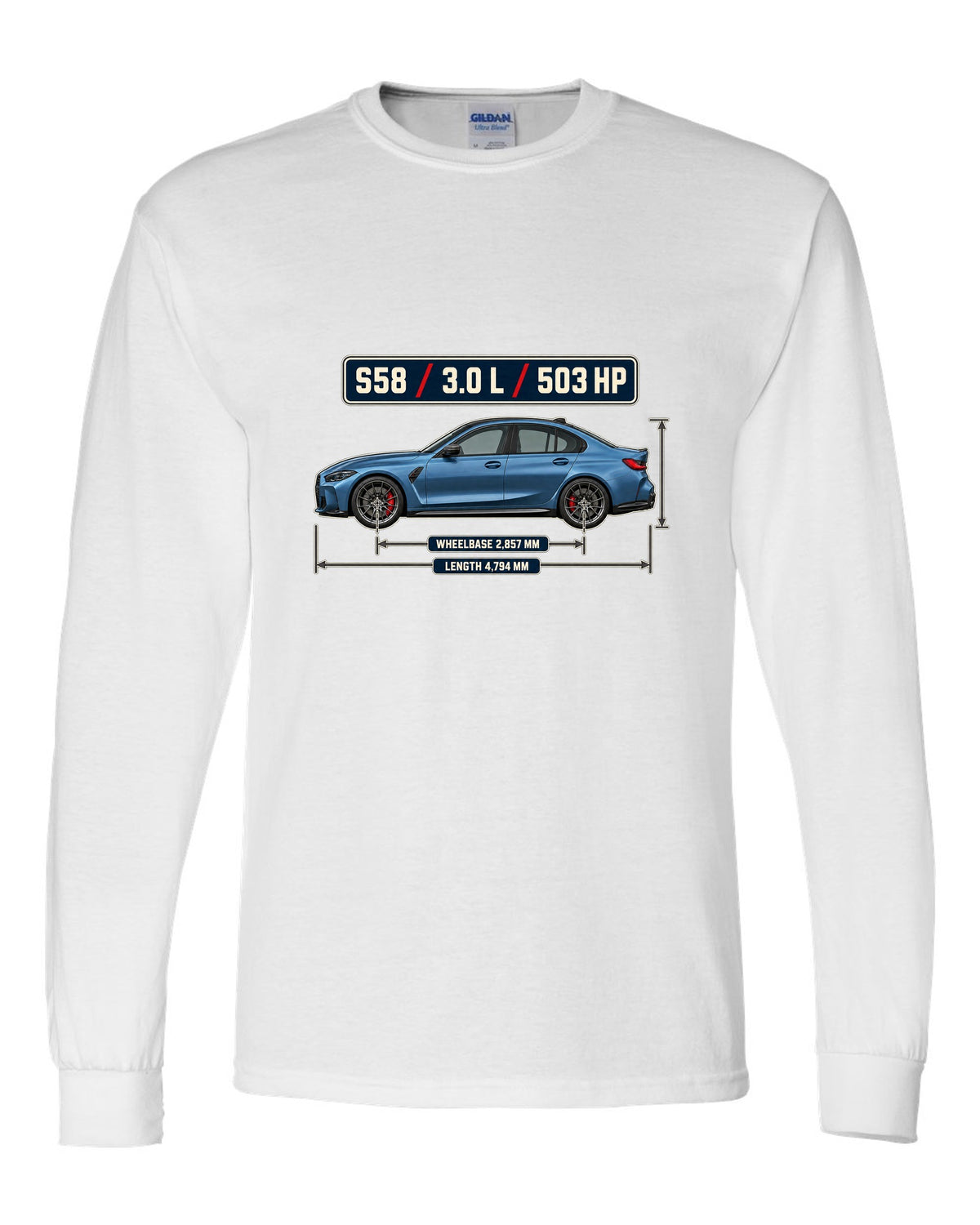 BMW M3 Competition G80 dimension blueprint print with S58 specs white long sleeve front view with the design
