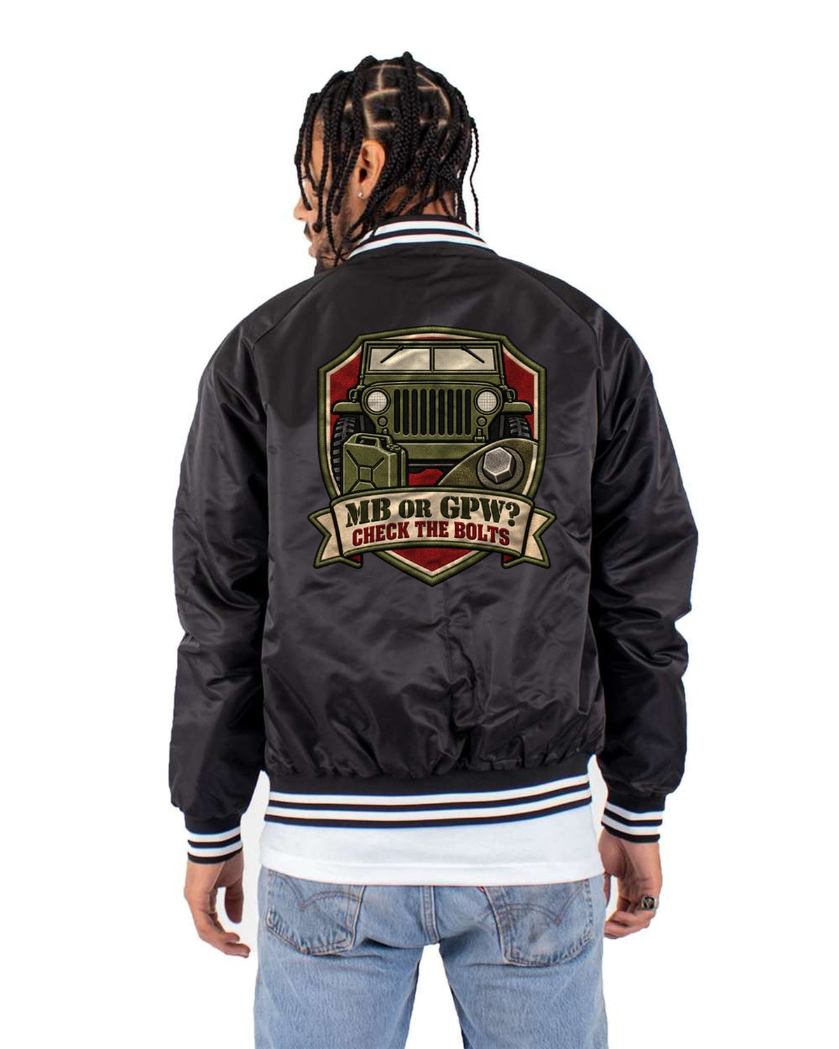 Willys MB or GPW Service Crest Tee, Check the Bolts Gift Bomber Jacket Black back
