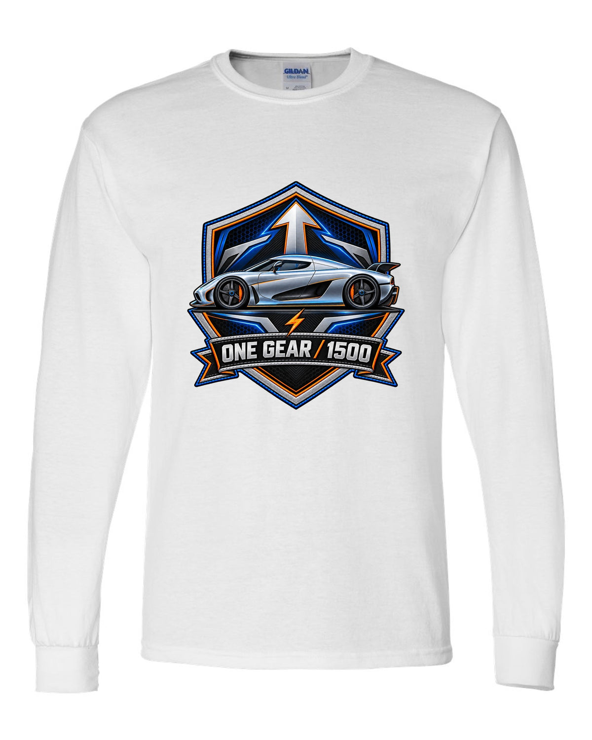 Embroidery-style varsity crest for the Koenigsegg Regera with ONE GEAR 1500 lettering white long sleeve front view with the design
