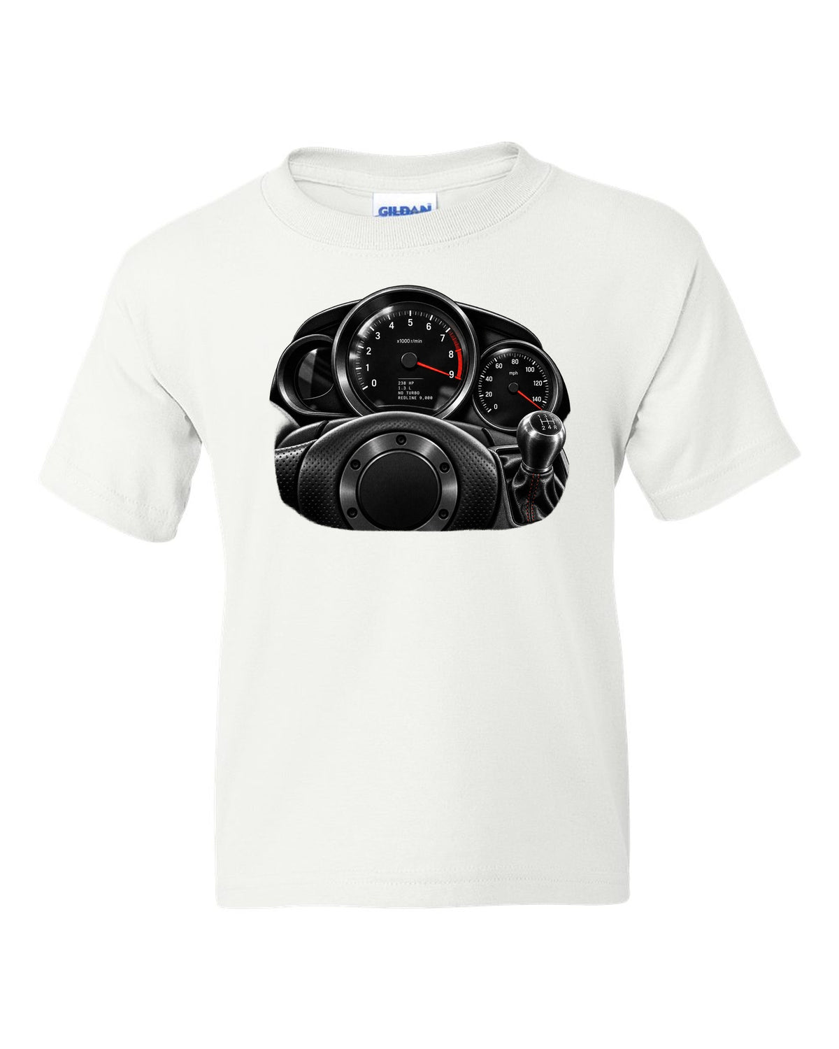 Gauge cluster print of a Mazda RX-8 SE3P with 9,000 redline lettering white kids tee front view with the design