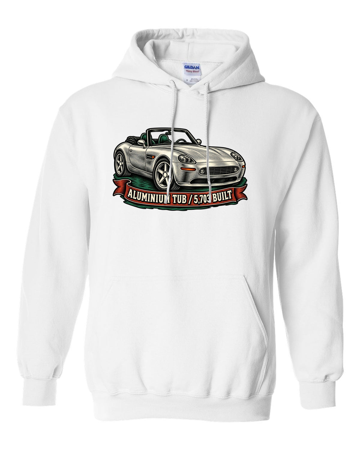 Woodcut linocut-style print of a BMW Z8 E52 roadster with 5,703 built text white pull over hoodie front view with the design
