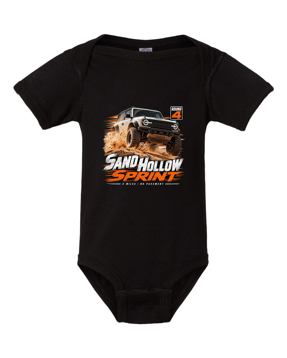 Jeep Wrangler JL dune sprint race poster print with Sand Hollow text black baby onesie front view with the design