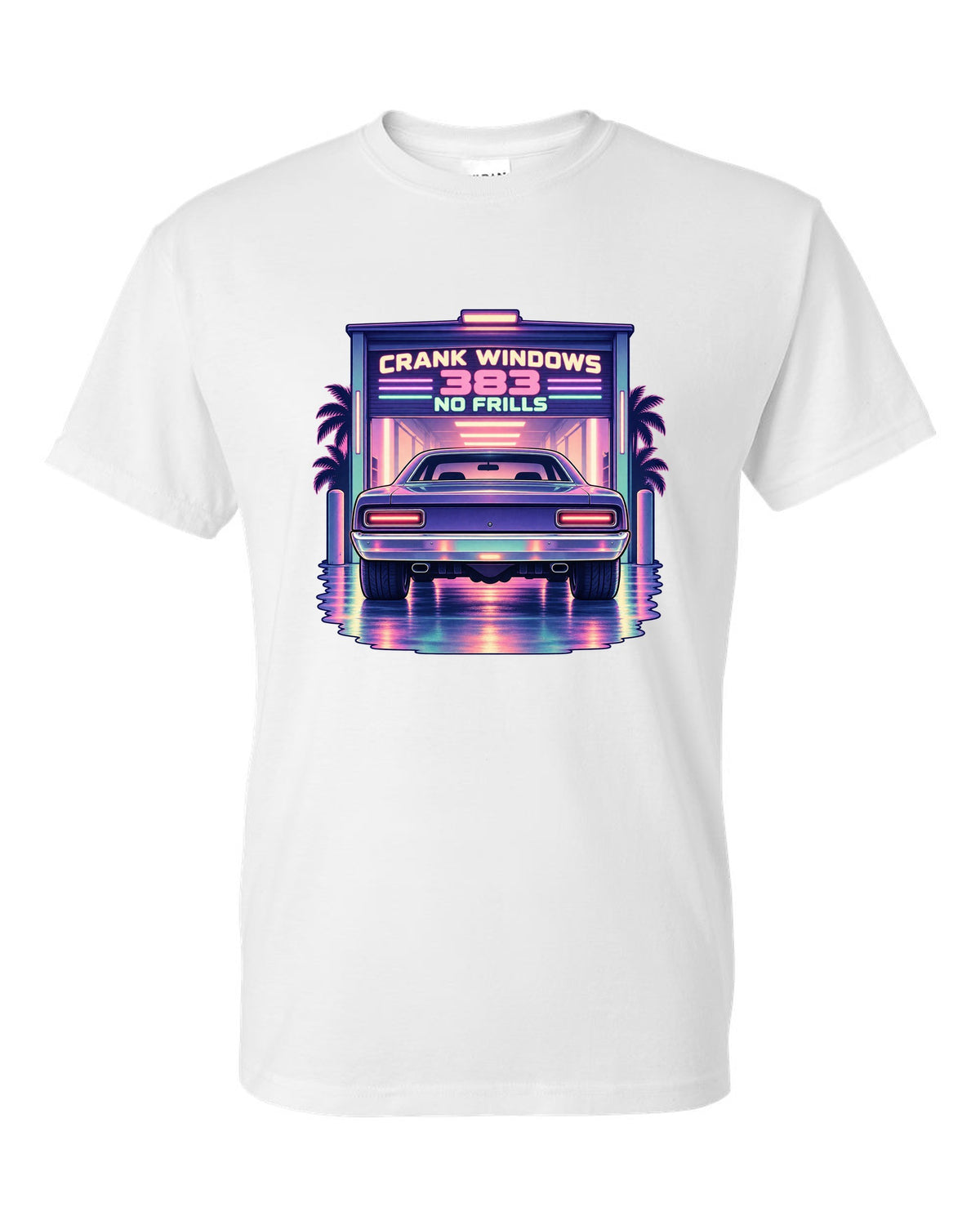 Vaporwave pastel night garage with a 1970 Plymouth Road Runner and 383 no frills lettering white t-shirt front view with the design