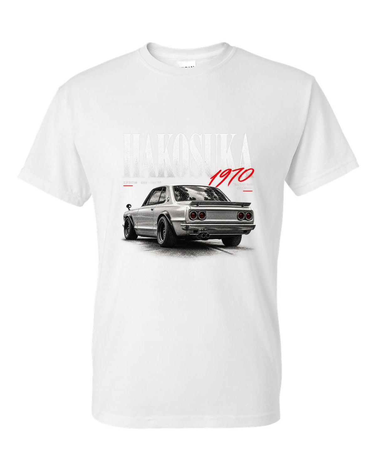 Editorial headline print of a Nissan Skyline 2000GT-R KPGC10 Hakosuka white t-shirt front view with the design