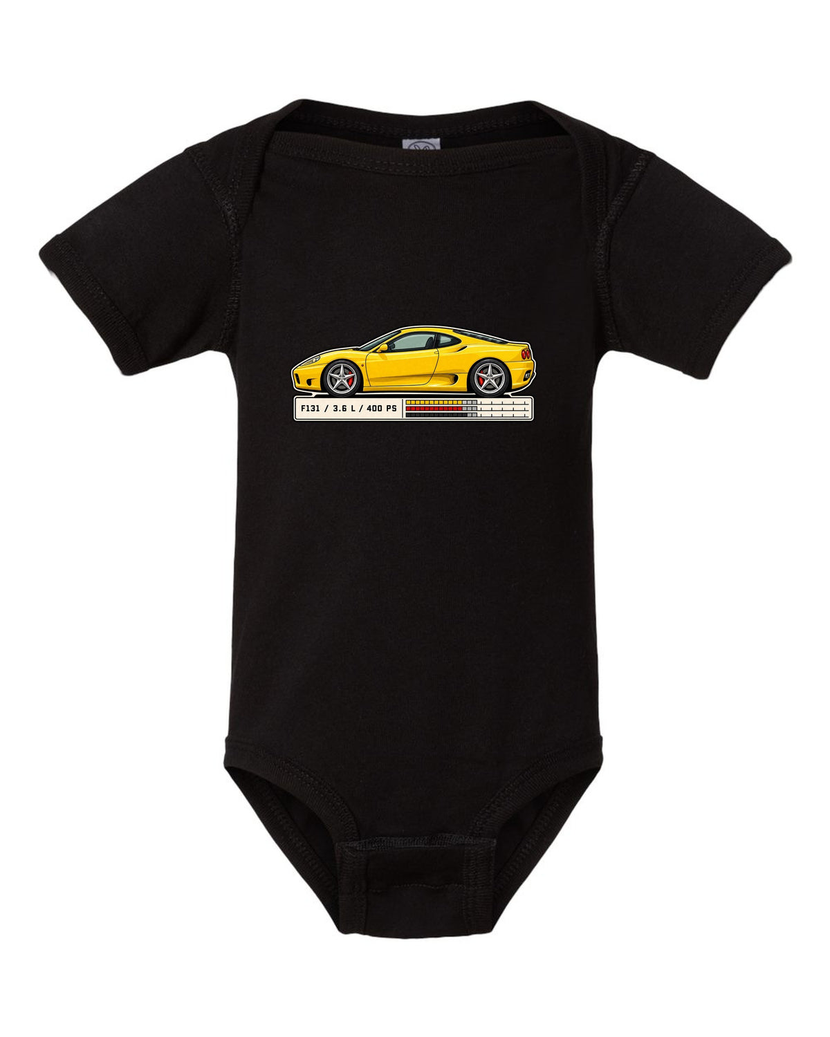 Spec sheet data plate print for the Ferrari 360 Modena listing F131, 3.6 L and 400 PS black baby onesie front view with the design